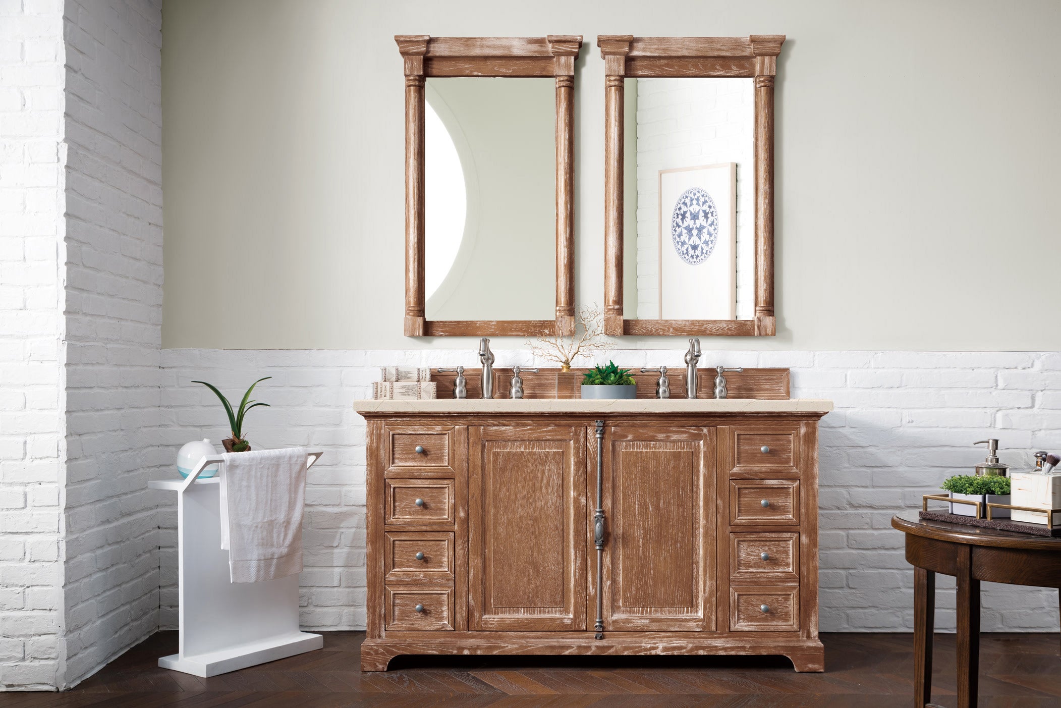 Providence 60 Inch Double Vanity Cabinet in Driftwood Finish with 3CM Eternal Marfil Quartz Top - Perfect for Modern Bathroom Renovations & Master Suite Upgrades