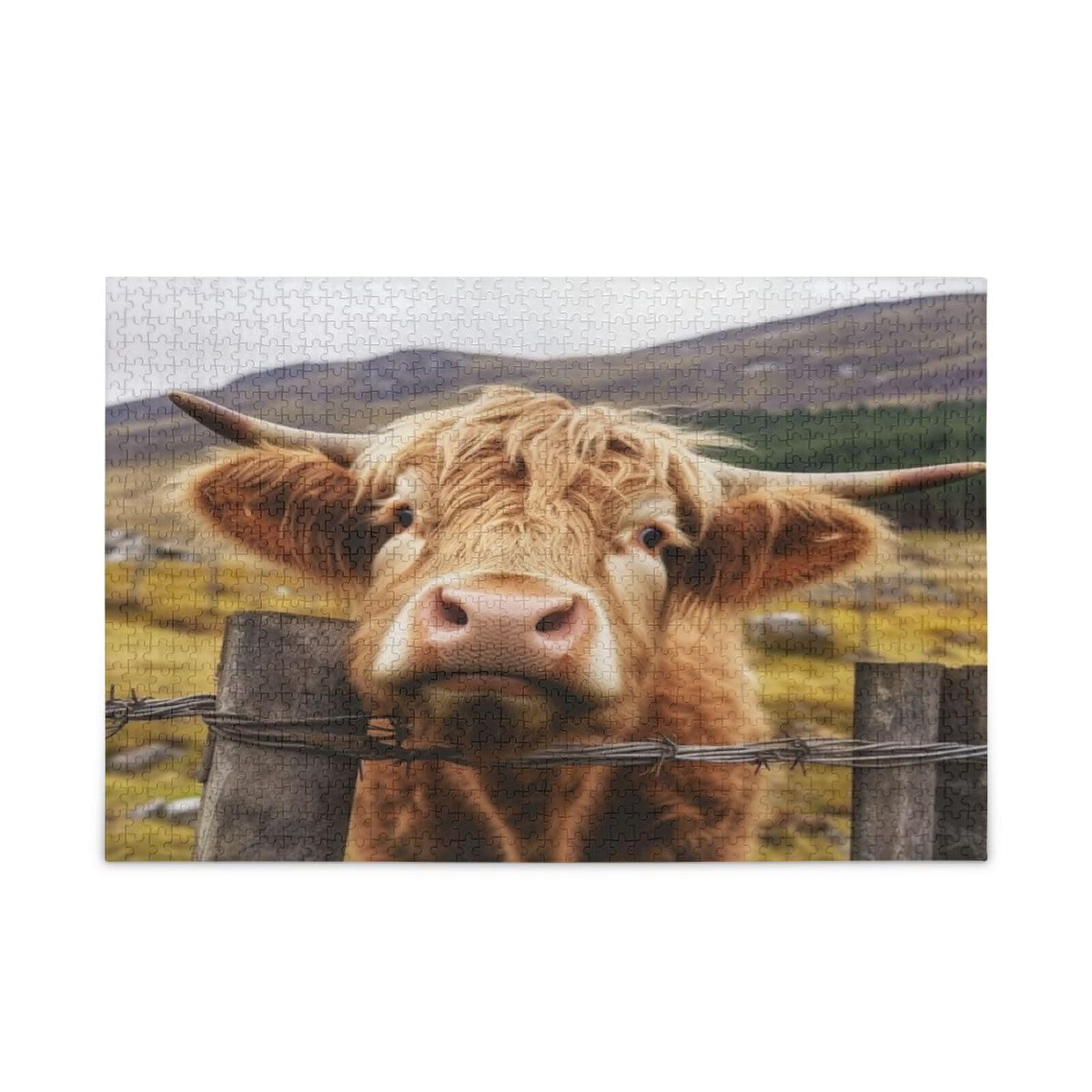 Funny Scottish Highland Cattle Cows 1000-Piece Wooden Jigsaw Puzzle for Adults & Kids - Family Game Night, Brain Teaser Challenge, Home Decor Gift