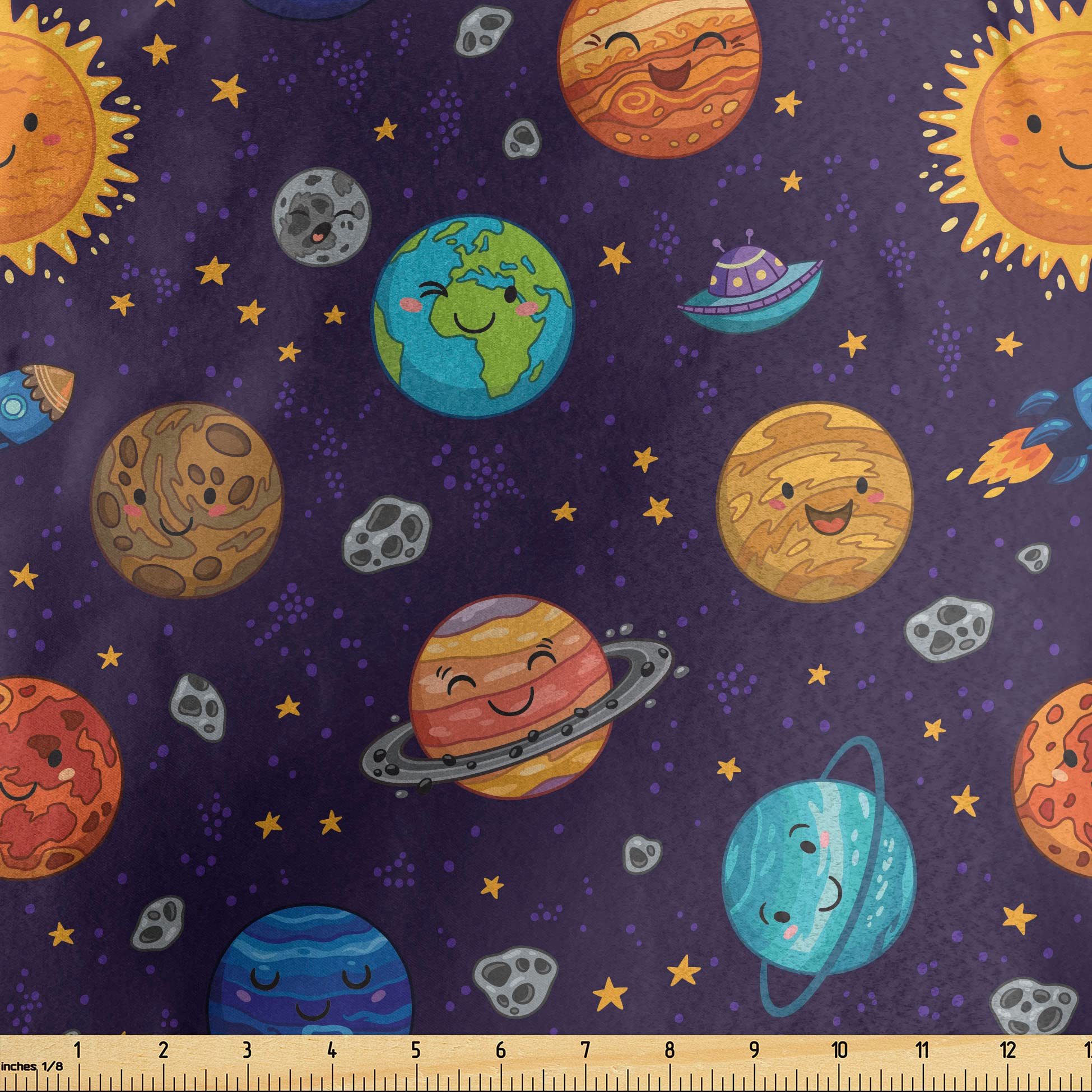 Ambesonne Space Fabric by The Yard - Cheerful Solar System Print with Sun, Mercury, Venus, Earth, Jupiter, Mars & Alien Spaceships - Decorative Multicolor Satin Fabric for DIY Home Textiles, Crafts, Curtains & Upholstery - Perfect for Space-Themed Bedrooms, Kids Rooms & Sci-Fi Decor
