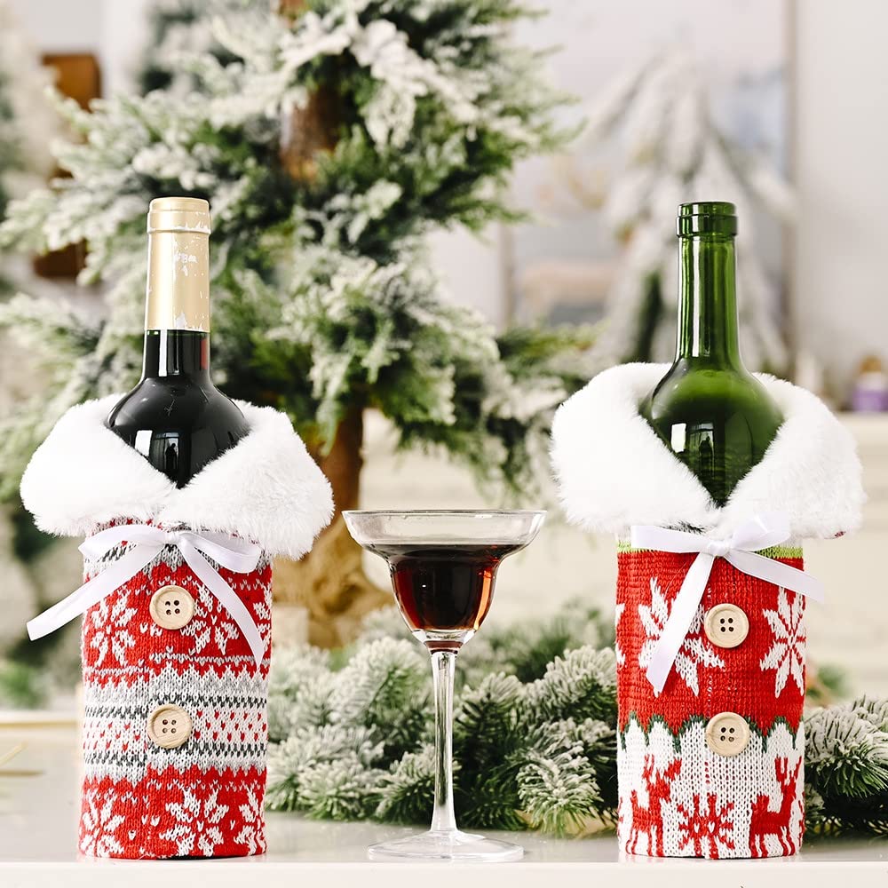 Red Wine Bottle Cover - Insulated Snowflake Knit Sweater Sleeve for Wine Bottles - Christmas Holiday Party Gift & Home Bar Accessory (Perfect for Gifting, Holiday Gatherings & Wine Storage)