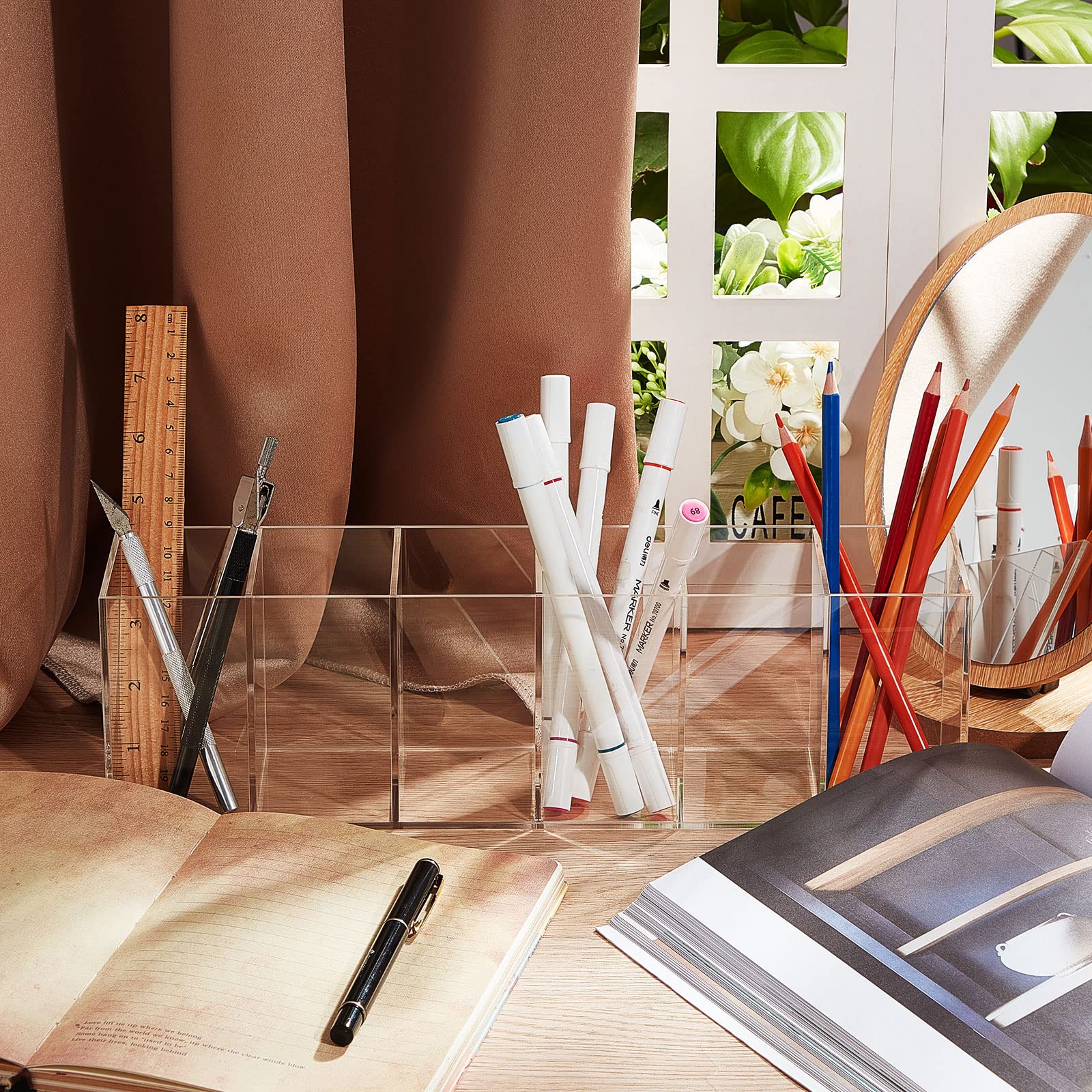 Jetec 6-Compartment Acrylic Pen Holder - Makeup Brush & Stationery Organizer for Desk, Cosmetic Brushes, Office Supplies - Clear Desktop Organizer for Home, Dorm, Bathroom & Kitchen (Perfect for Makeup Vanity, Office Desk & Craft Room Organization)