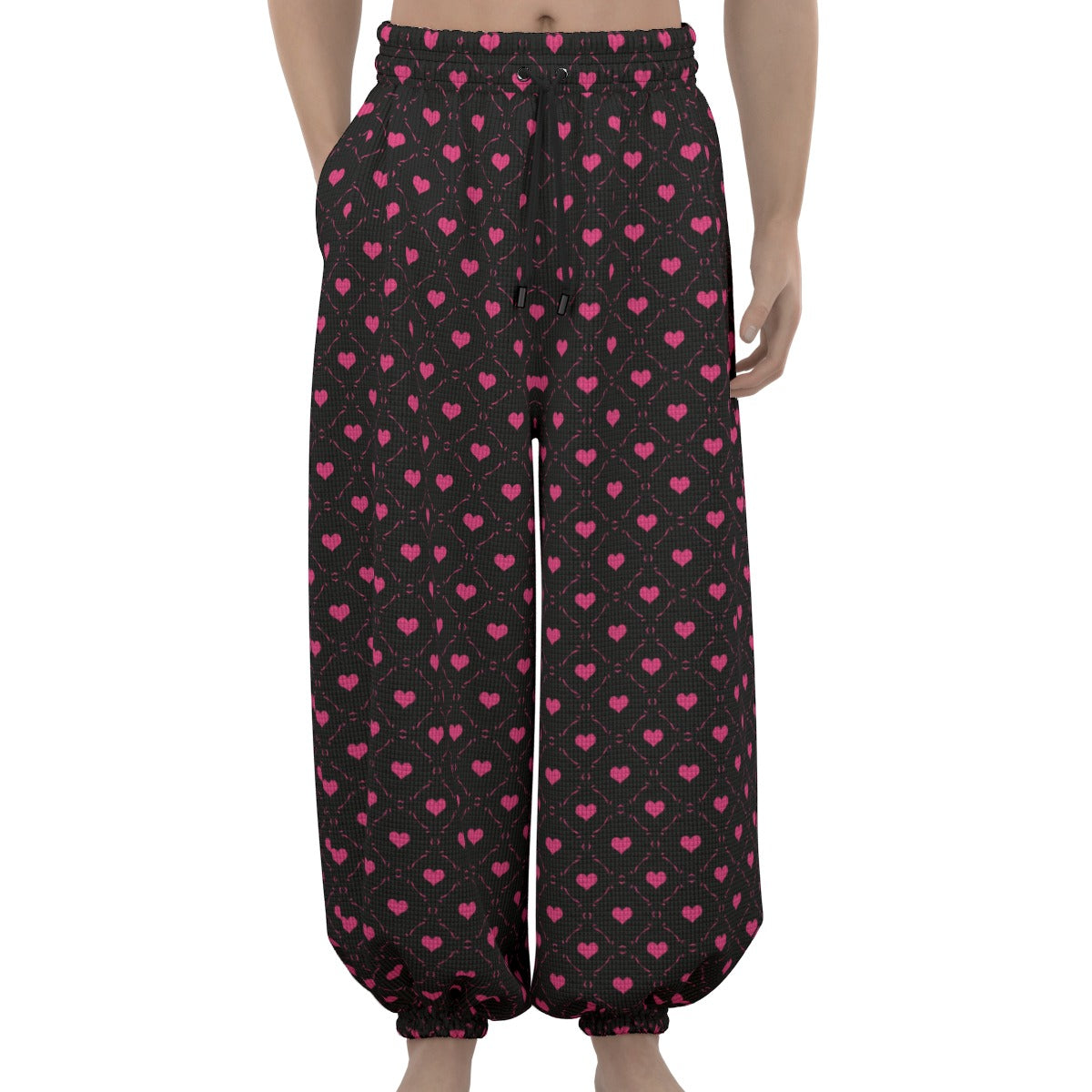 Cute Pink Heart Print Lantern Pants for Women - Soft & Comfortable Lounge Pants for Home, Sleepwear, and Casual Outfits