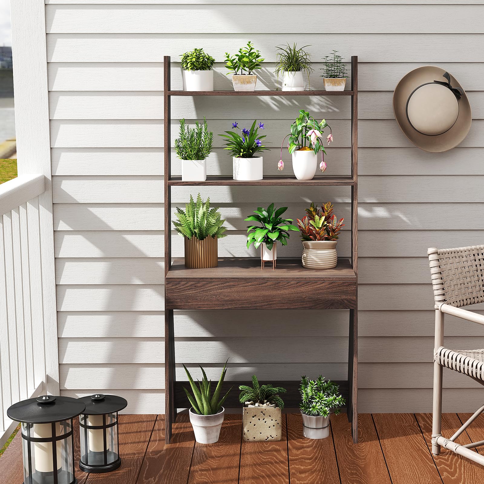 Tangkula Wall-Leaning Ladder Desk with Countertop & Drawer - Compact Home Office Computer Table with Open Shelves & Anti-Tip Kits - Space Saving Workstation for Small Rooms, Apartments & Dorm Rooms - Perfect for Remote Work, Study & Writing (Walnut)