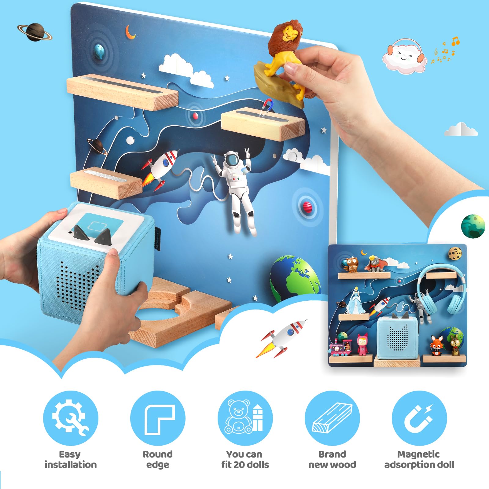 OUKNAK Floating Shelf for Toniebox - Wall Mount Magnetic Wooden Shelf with Carrying Case - Compatible with Tonie Audio Player & Figures - Perfect for Kids Room, Nursery Decor (Astronaut Theme) - Great for Organizing Toys & Displaying Collectibles
