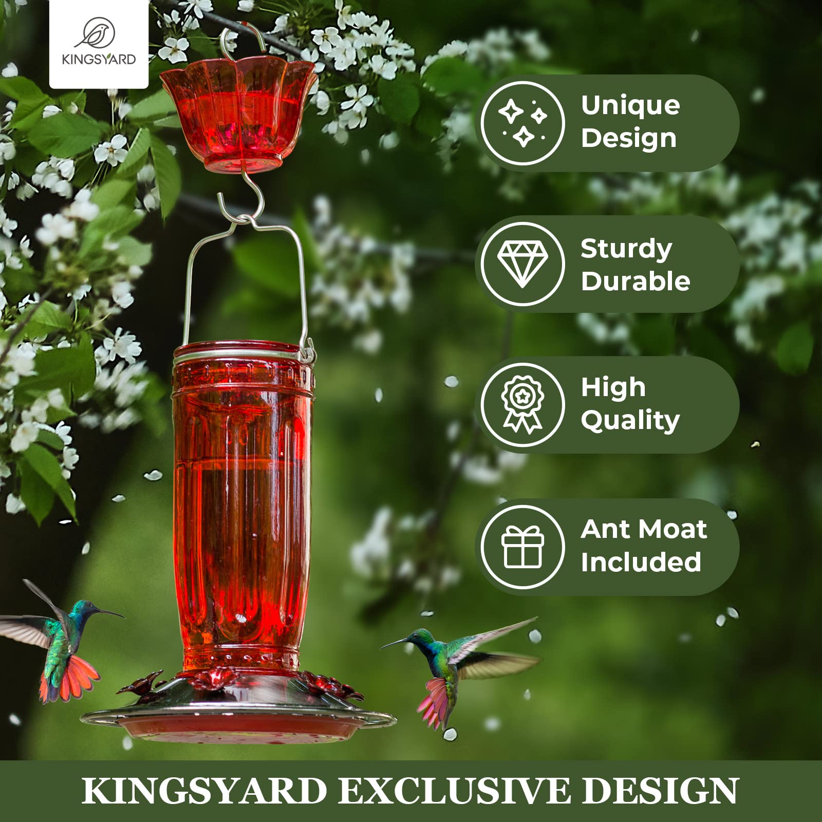Kingsyard Heavy Duty Deck Railing Hooks - Durable Glass Hummingbird Feeder for Outdoor Gardens, Patios & Decks - Attract Hummingbirds to Your Backyard