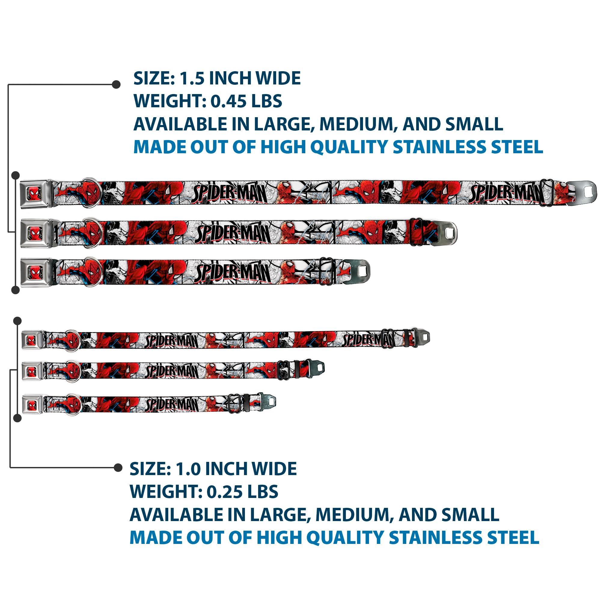 Spider Man Dog Collar with Seatbelt Buckle - 18 to 32 Inches Adjustable Pet Collar - 1.5 Inch Wide Nylon Dog Collar for Small Medium Large Dogs - White Black Red Comic Design - Perfect for Cosplay, Comic Con & Superhero Themed Events