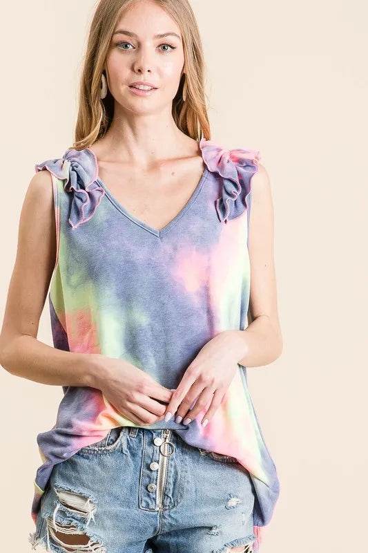 BiBi Tie Dye French Terry V-Neck Ruffle Top for Women | Soft Casual Blouse for Spring & Summer | Perfect for Beach Outings, Brunch Dates, and Weekend Wear