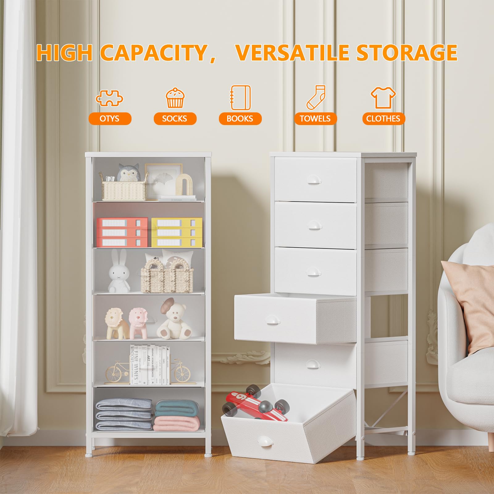 Furnulem White Tall Dresser for Bedroom - 6-Drawer Vertical Storage Tower & Nightstand with Fabric Organizer | Perfect for Bedroom, Living Room, Closet, Entryway & Hallway Organization