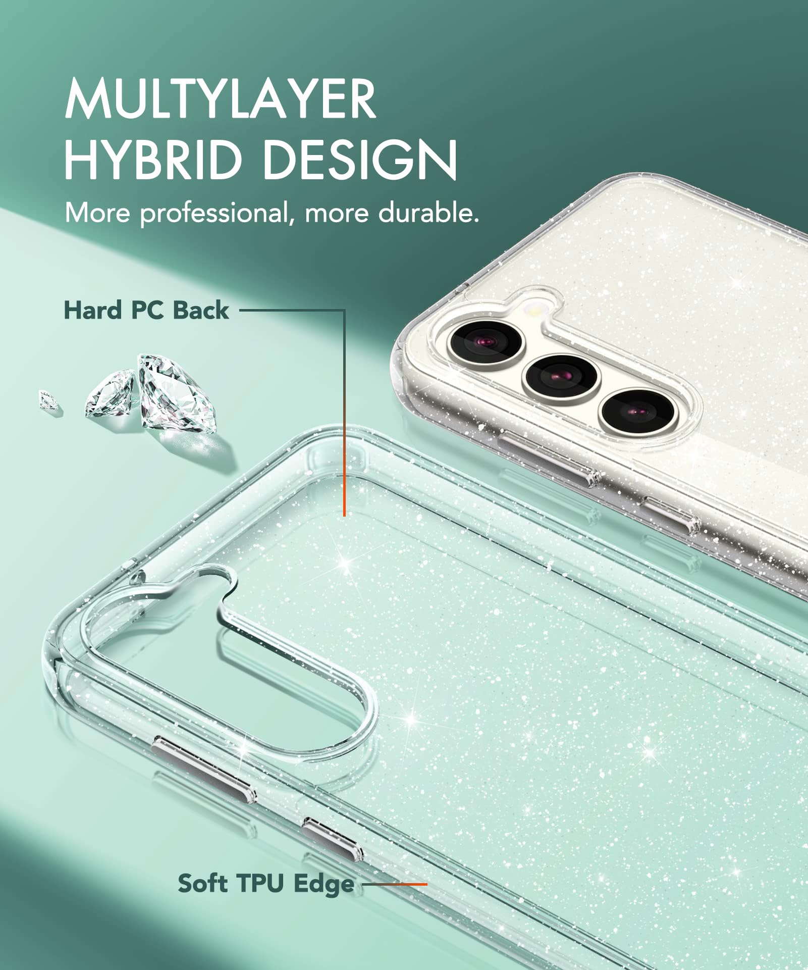 Glitter Clear Shockproof Phone Case for Samsung Galaxy S24 Plus 5G with Diamond Camera Lens Protector + 2 Pack Tempered Glass Screen Protector | Sparkly Protective Cover for Women | Perfect for Daily Use, Parties & Gift Giving