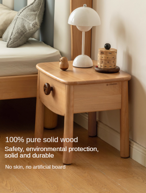 Solid Wood Modern Kids Nightstand - Beech & Rubber Wood Bedside Table for Children's Room - Perfect for Bedrooms, Nurseries, and Dorm Rooms
