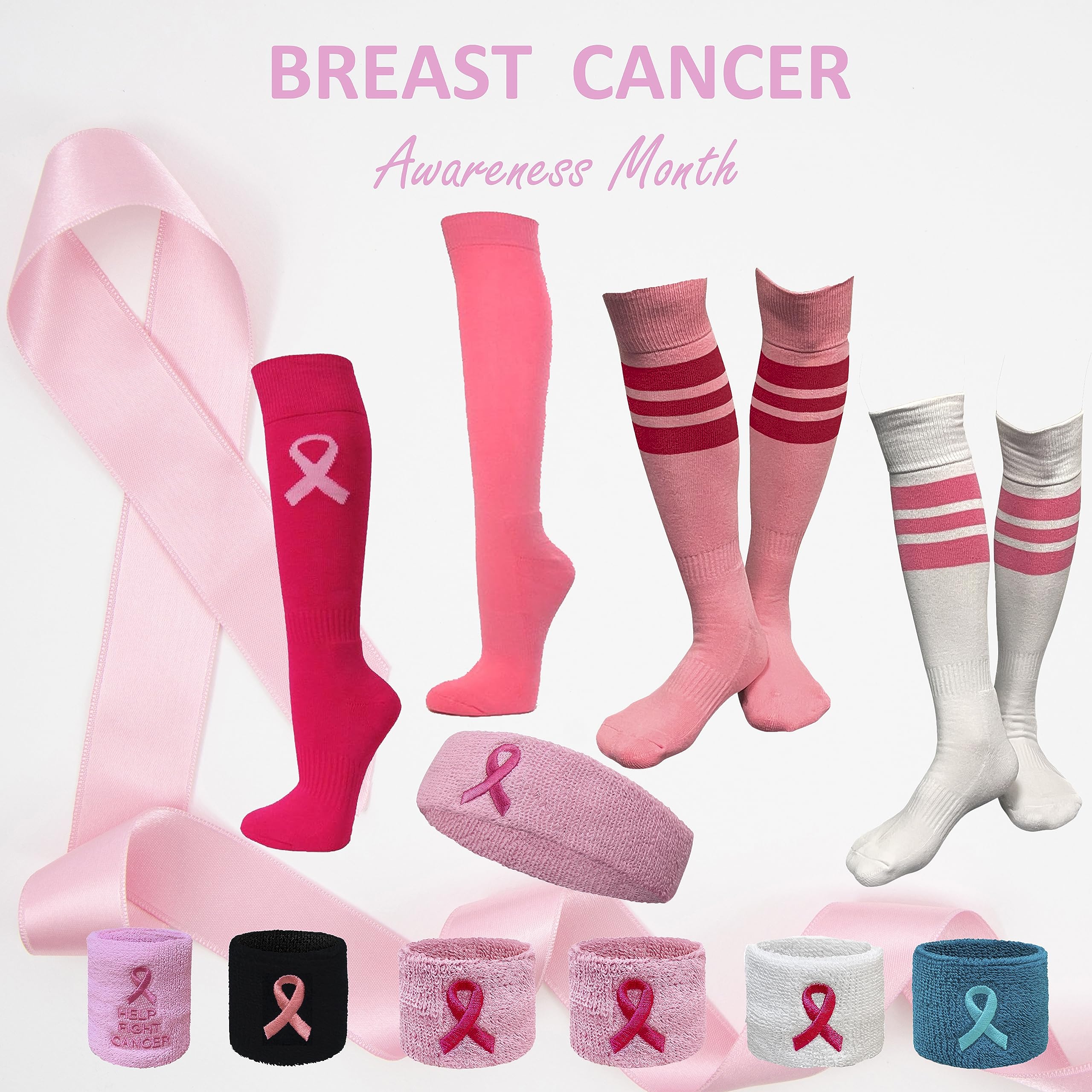 Pink Breast Cancer Awareness Sweat Wristbands for Women - 2.5 Inch Wide Sports Wristbands - 1 Pair - Ideal for Running, Gym Workouts & Cancer Awareness Events