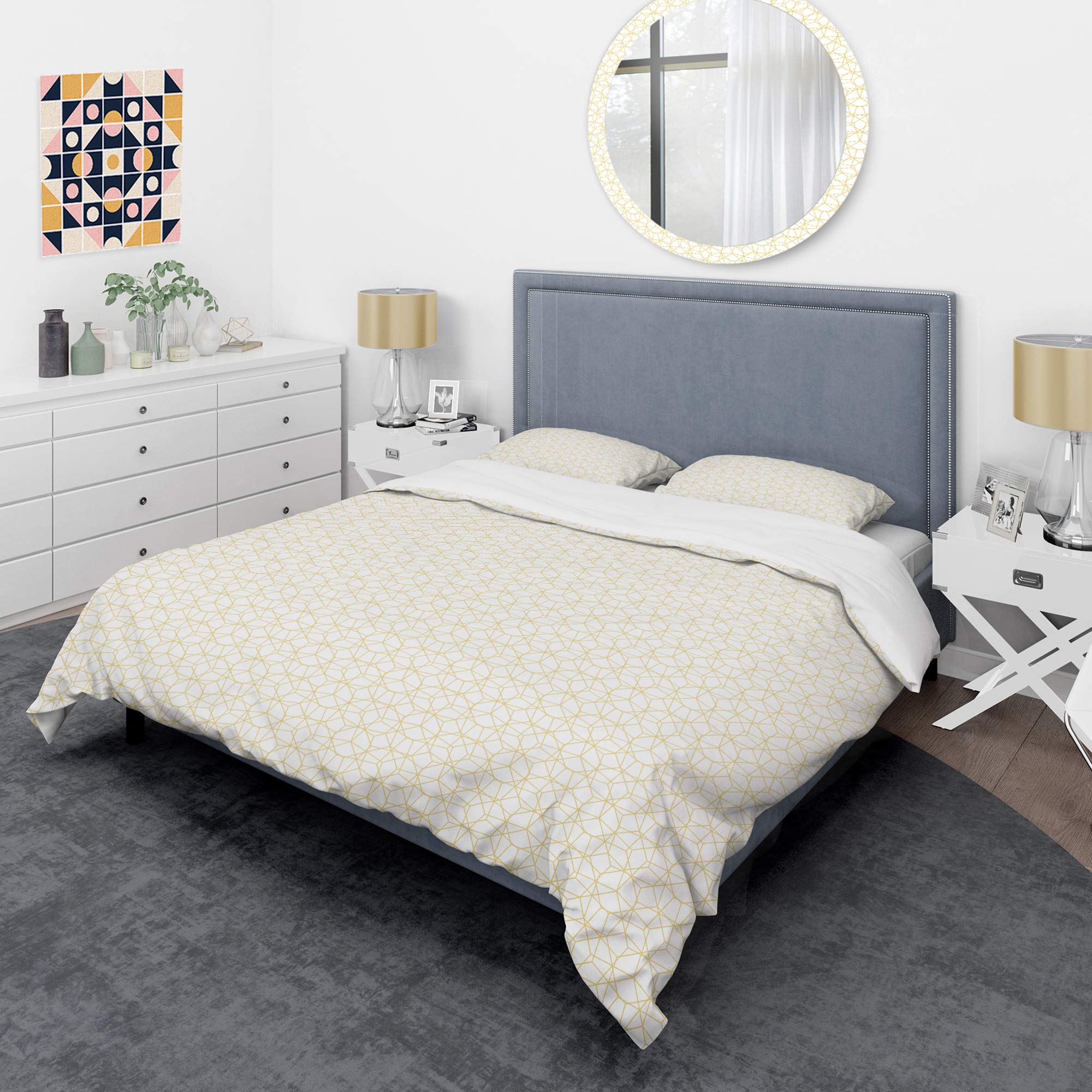 DesignQ Mid-Century Modern Duvet Cover Set - Abstract Geometric Pattern, Twin Size White Bedding (3-Piece Set) | All-Season Comfort for Contemporary Bedrooms & Guest Rooms