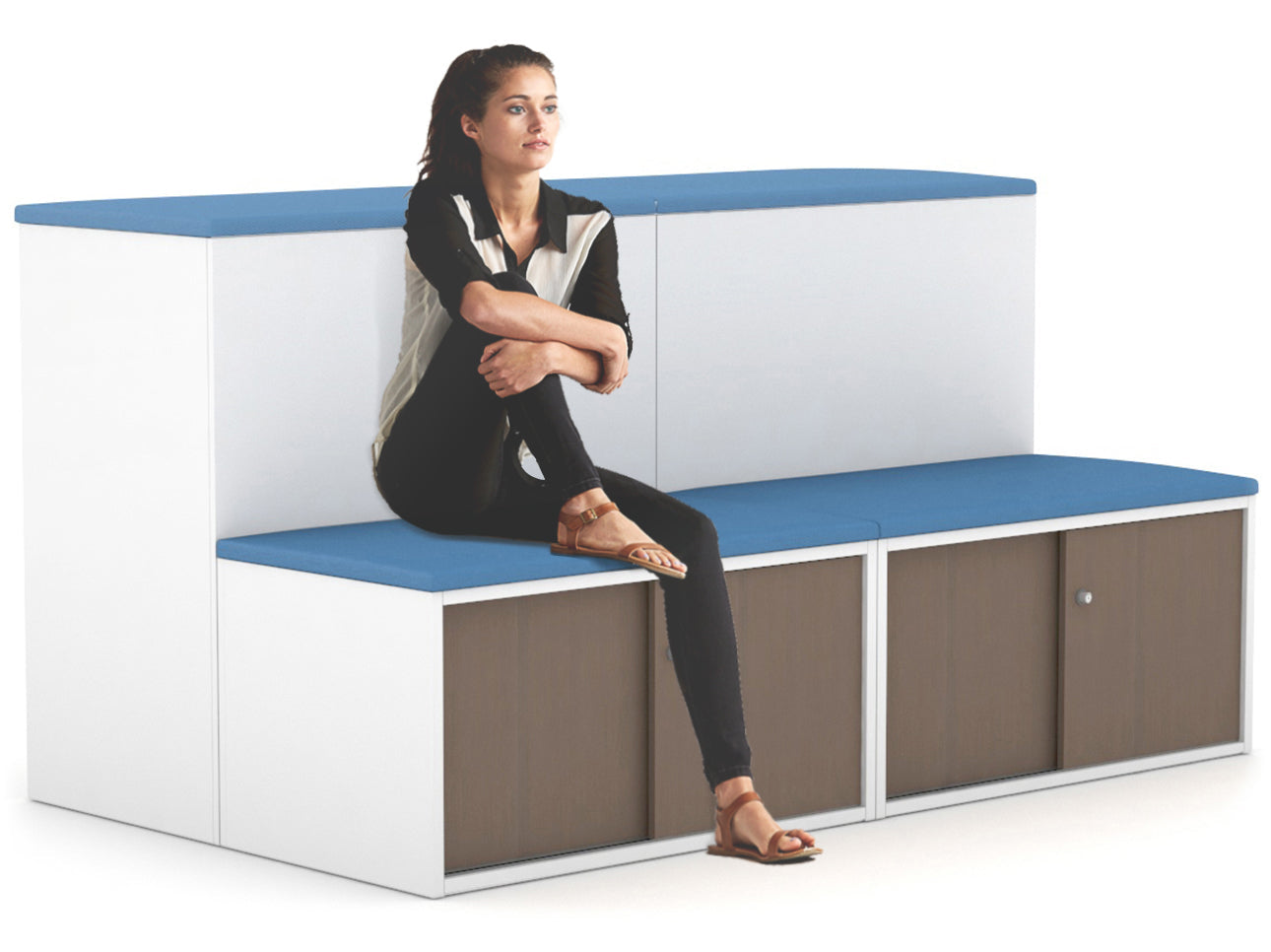 Professional Medical Sliding 4-Door Credenza with Seat Cushion - Uniform Activity Module Storage Cabinet with Low Profile Design [Black Handle] - Perfect for Hospitals, Clinics & Office Organization