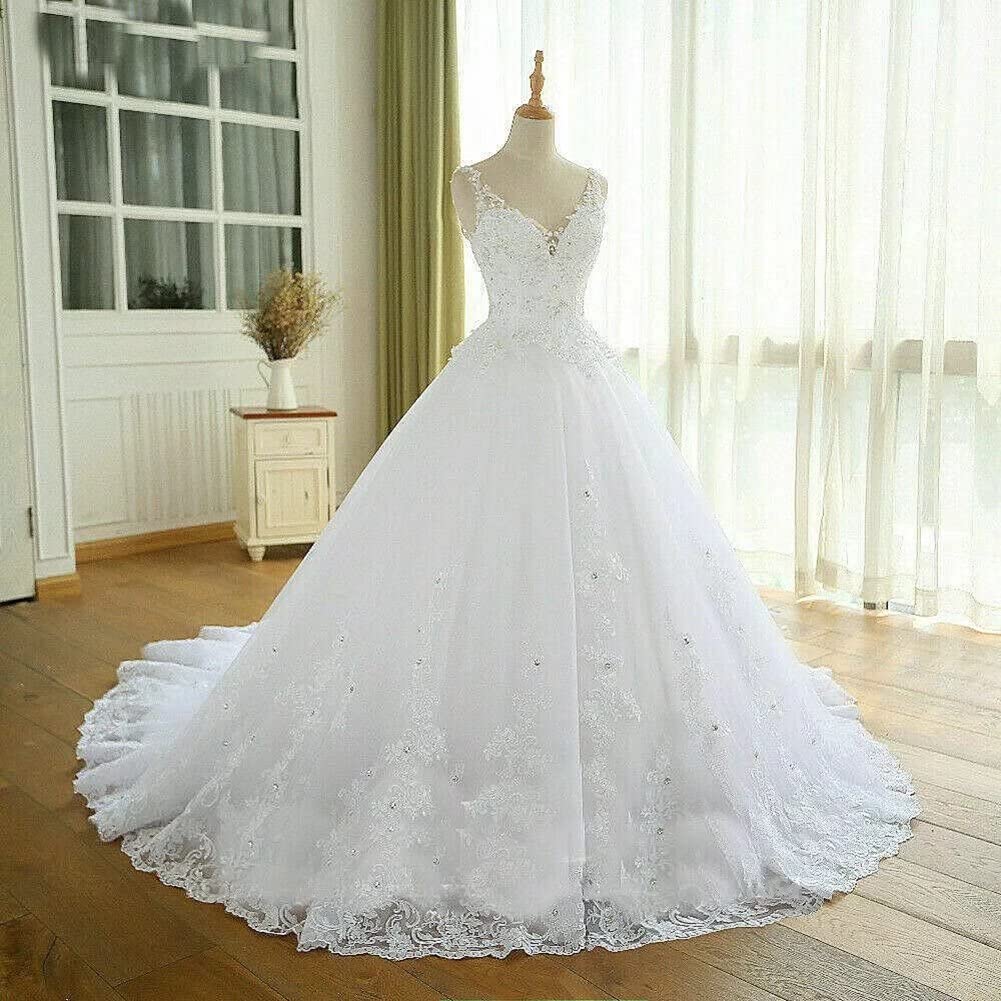 TRHTX Women's V-Neck Lace Wedding Dress with Beaded Appliques - Elegant Sleeveless White Bridal Gown for Bride | Perfect for Church Ceremonies, Beach Weddings & Formal Receptions