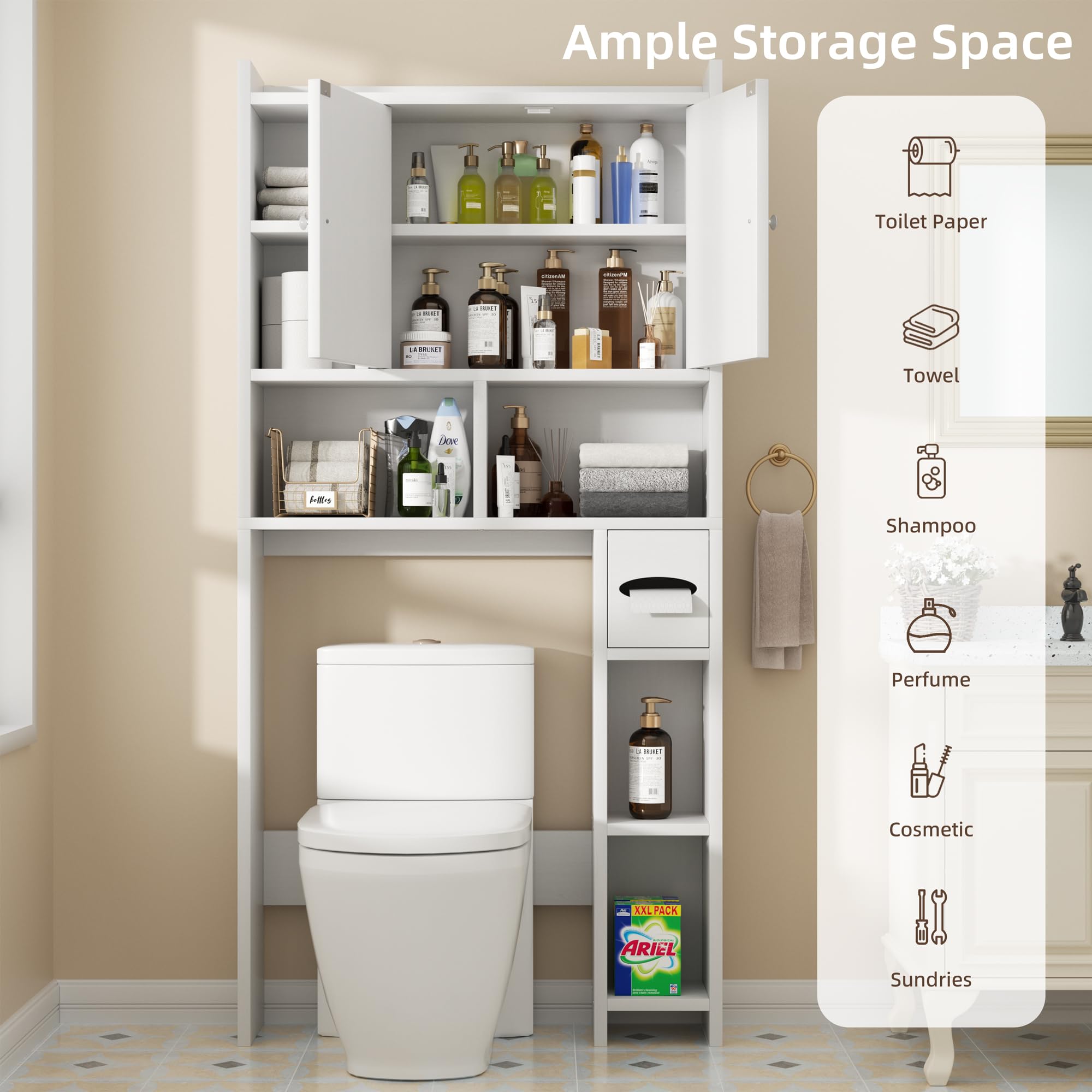 Shintenchi Over The Toilet Storage Cabinet with Barn Doors - White Bathroom Organizer with Adjustable Shelves, Toilet Paper Holder & Anti-Tip Device - Perfect for Small Bathrooms, Apartment Storage & Space Saving Solutions