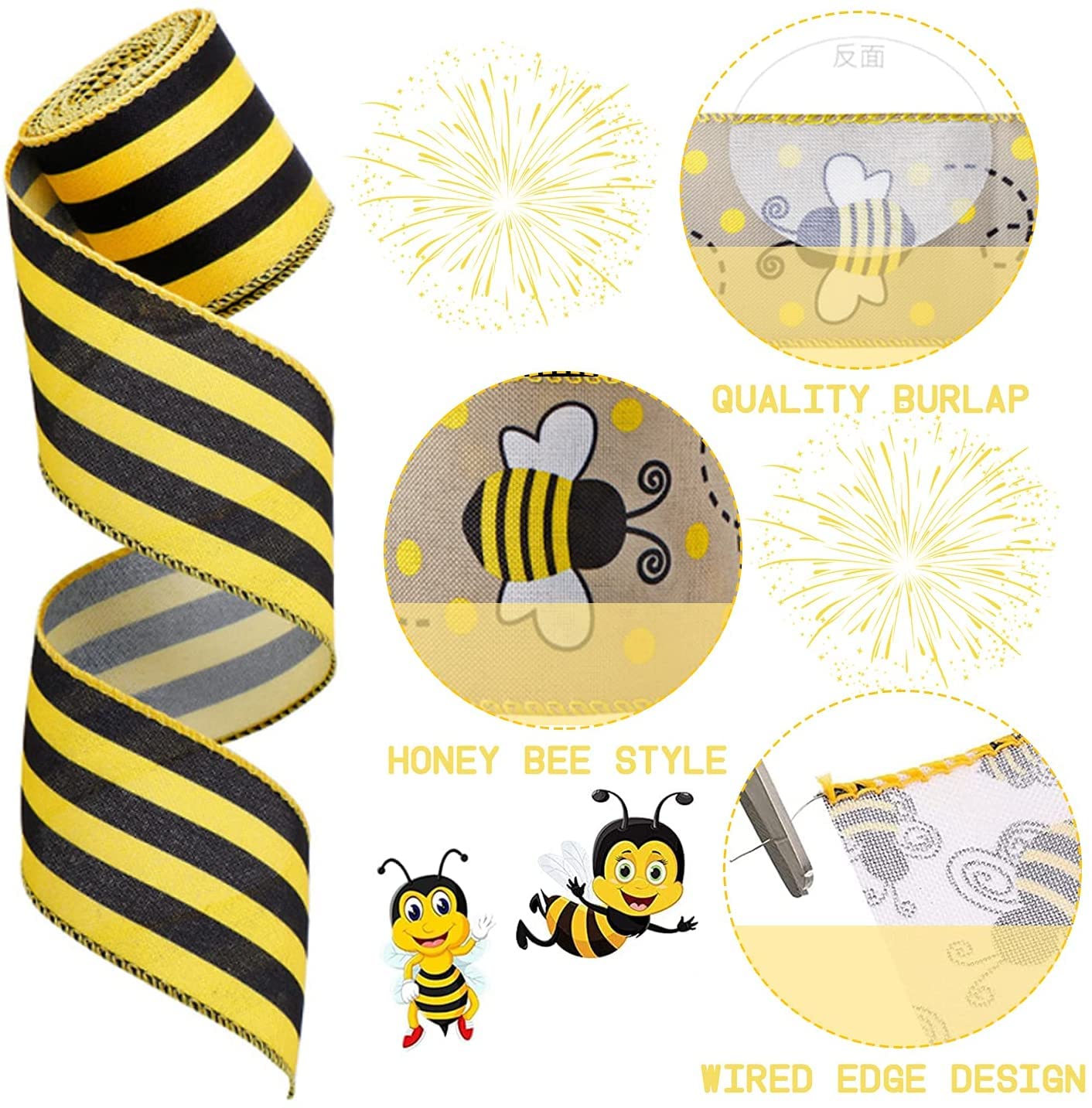 6 Rolls 40 Yards Bee Themed Wired Edge Ribbon - Honeybee Craft Ribbon for Gift Wrapping, Easter Decorations, Baby Shower & Birthday Party Supplies (DIY, Scrapbooking, Floral Arrangements)