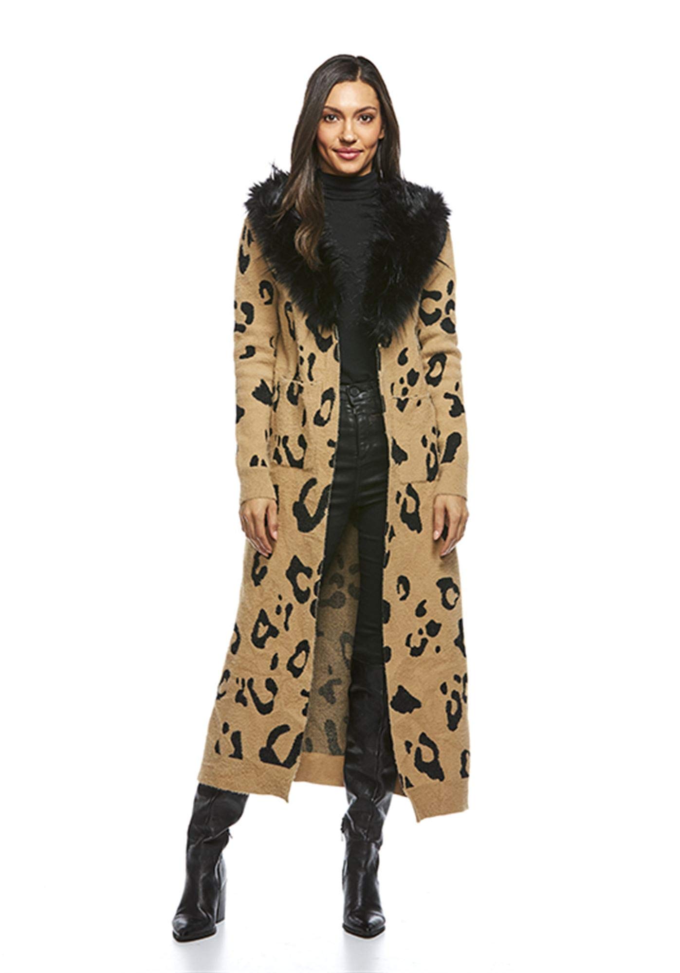 Fabulous-Furs Donna Salyers Knit Sweater Duster with Faux Fur Collar - Women's Elegant Long Cardigan with Soft Faux Fur Trim for Fall & Winter Fashion | Perfect for Office, Date Night & Holiday Parties