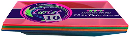 Neon Hard Plastic Square Twist Plates 9.5 Inch - 12 Pack of 10 (120 Plates Total) - Durable Party Dinnerware for Birthdays, BBQs & Outdoor Events - Assorted Bright Colors