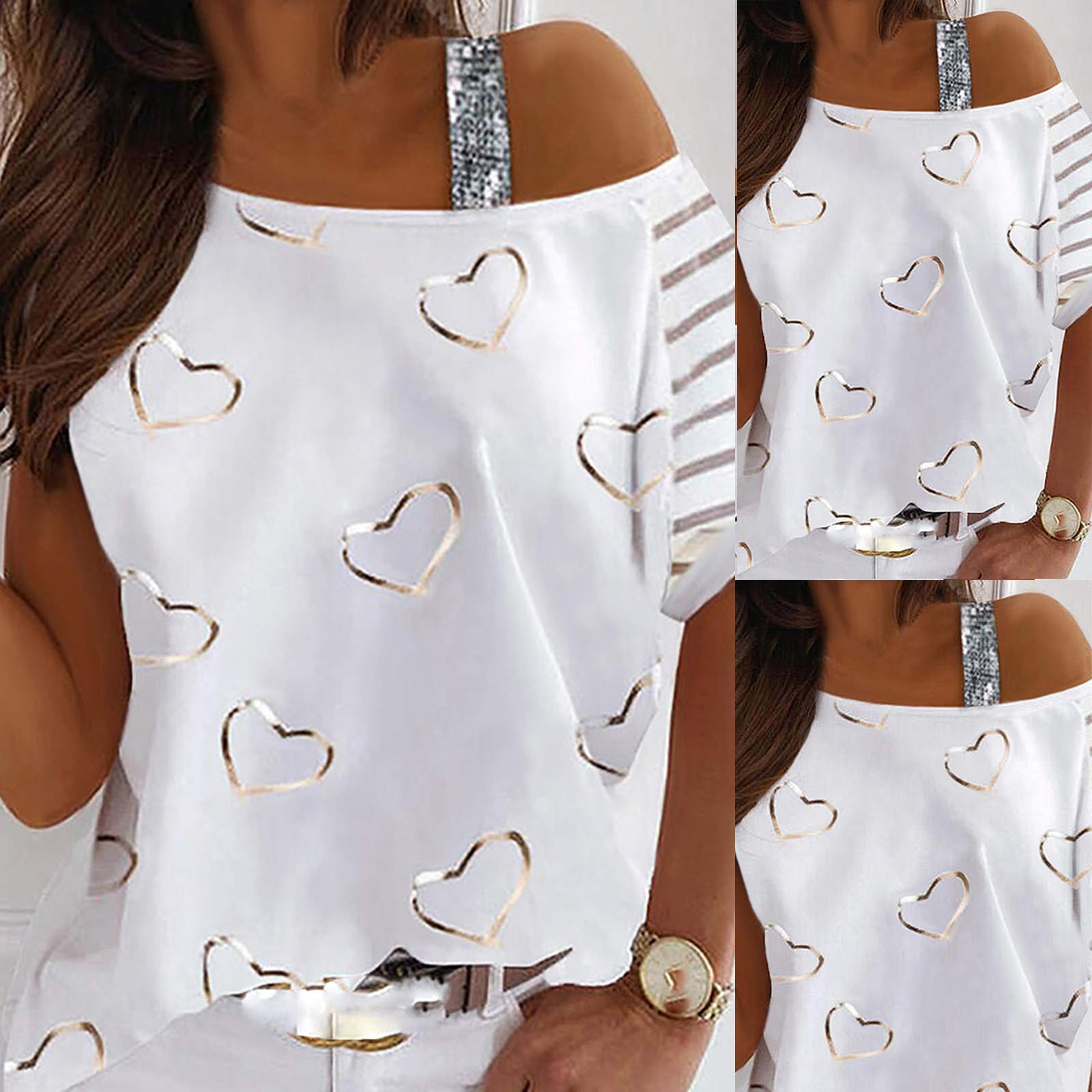 VOWUA Women's Long & Short Sleeve V-Neck Lace Blouse Heart Print T-Shirt Casual Tunic Top - Spring Summer Fashion for Office, Date Night & Everyday Wear (White)