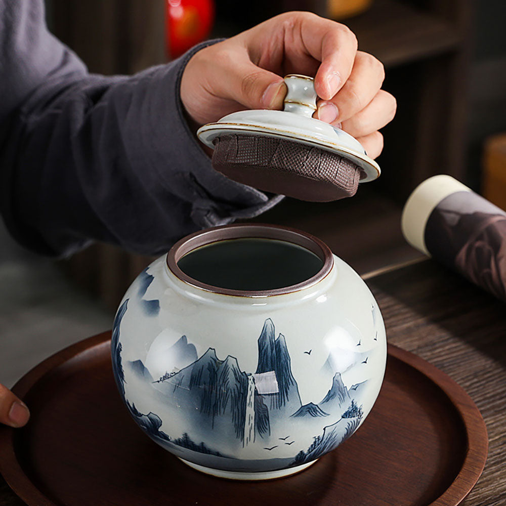 Hand-Painted Landscape Porcelain Tea Caddy - Elegant Tea Storage Canister for Loose Leaf Tea, Herbs & Spices - Perfect for Tea Lovers, Home Decor & Gift Giving