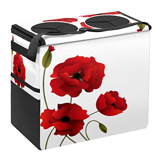 Foldable Leakproof Car Trash Can with Lid - Medium Size Storage Organizer for SUV, Sedan & Truck | Double Opening Design with Mesh Pockets | Poppy Flower Pattern | Perfect for Road Trips, Commuting & Family Travel