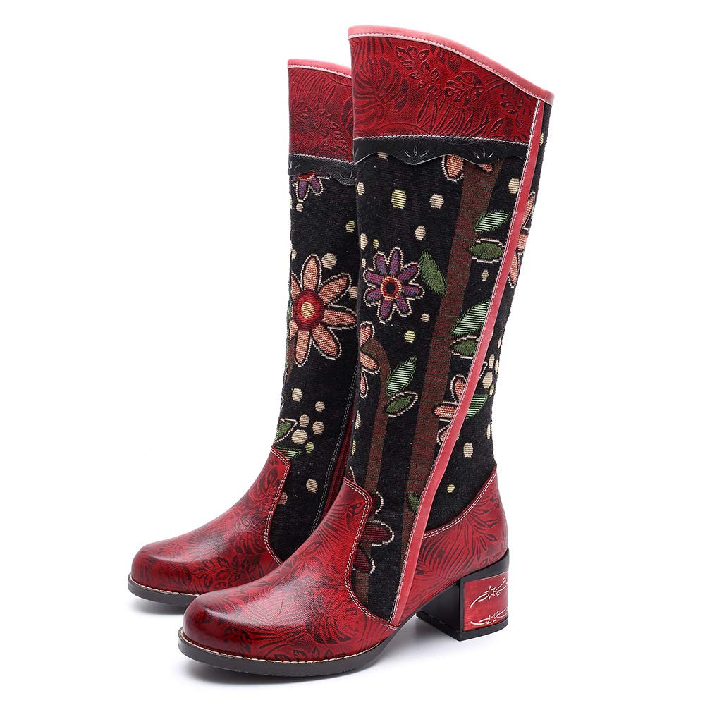 CrazycatZ Women's Bohemian Knee High Boots - Leather Block Heel Long Booties with Exotic Patterns | Perfect for Fall Fashion, Boho Outfits & Festival Wear