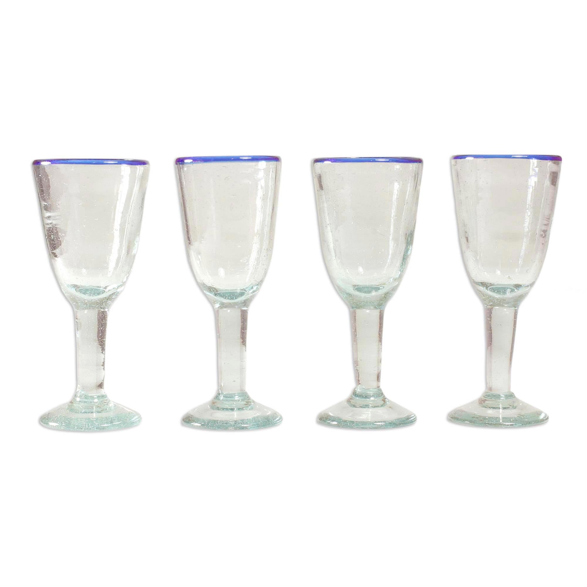 NOVICA Hand Blown Clear Blue Recycled Glass Wine Glasses - 5 Oz 'Bubbly' Set of 4 - Eco-Friendly Stemware for Champagne, Cocktails & Special Occasions