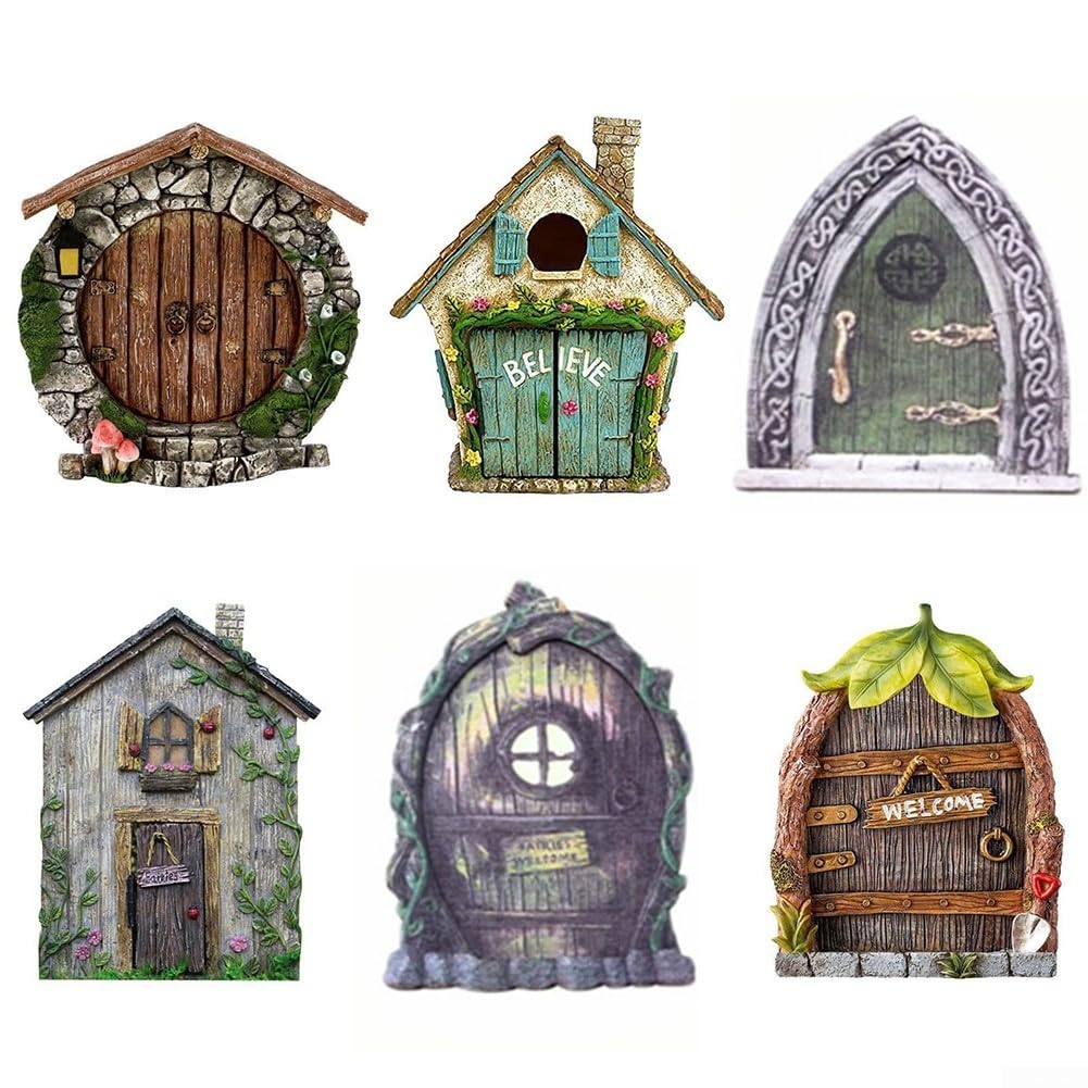 6PCS Miniature Fairy Doors for Trees - Tiny Wooden House Doors & Fairy Garden Accessories - Outdoor Tree Decor for DIY Fairy Gardens, Kids Play Areas & Magical Backyard Displays