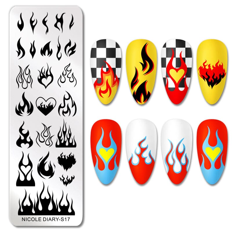 Nicole Diary S17 Fire Rectangle Nail Stamping Plate - DIY Nail Art Design for Salon & Home Manicure - Perfect for Halloween, Christmas & Special Occasions
