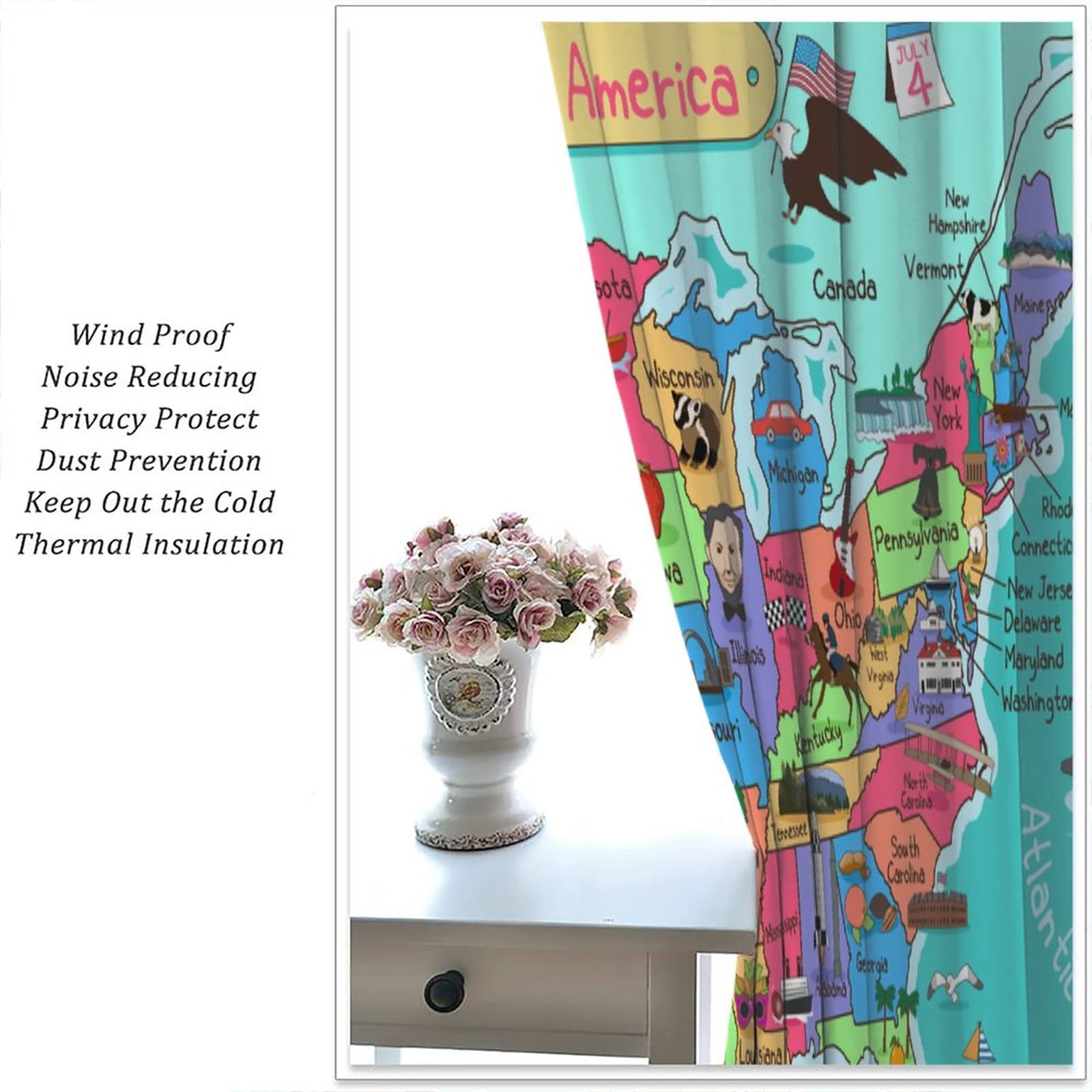 Kids USA Map Curtains - Fun Geography Educational Window Drapes for Boys & Girls Bedroom, Nursery, Living Room Decor - 2 Panel Set 42x54 Inches - Perfect for Learning American States & Home Schooling Decor