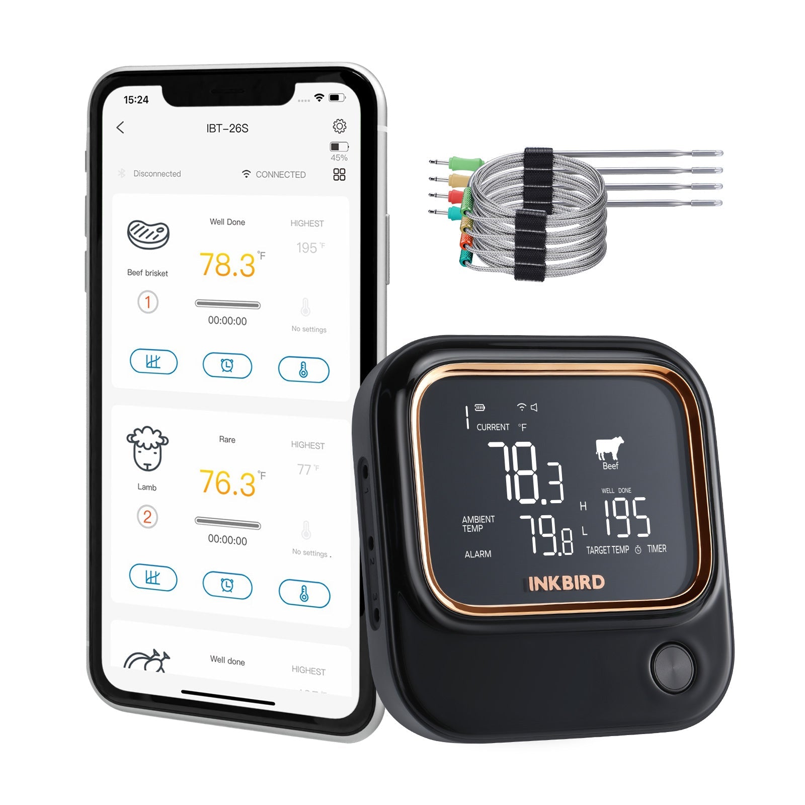 Wireless BBQ Meat Thermometer with WiFi & Bluetooth - IBT 26S Digital Cooking Thermometer for Grilling, Smoking, Baking & Roasting - Perfect for Outdoor Cooking & Kitchen Use