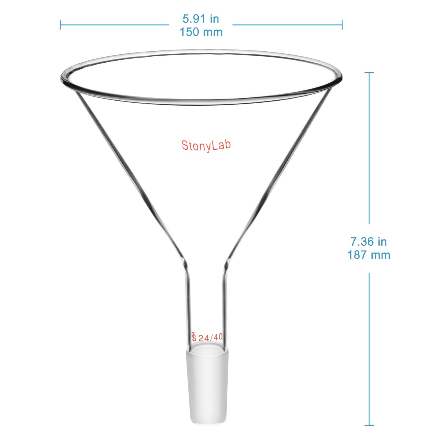 StonyLab Glass Short Stem Powder Funnel - 150mm Top Diameter, 24/40 Inner Joint - Premium Filter Funnel for Chemistry Labs & Essential Oil Distilling