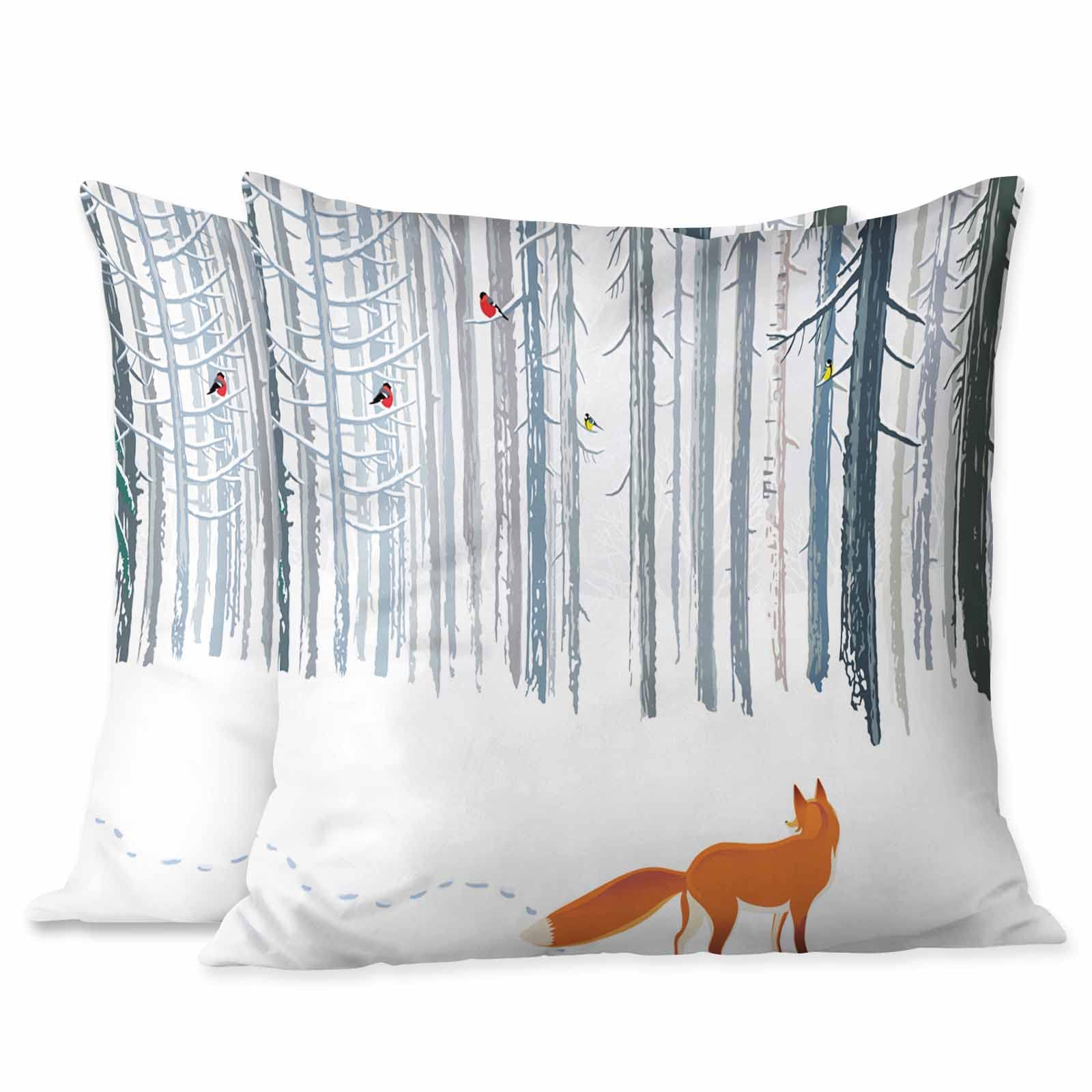 Red Fox & Yellow Bird Winter Landscape Throw Pillow Covers - 2 Pack 18x18 Inch Decorative Cushion Covers for Sofa, Couch, Bed | Cozy Home Decor for Living Room, Bedroom & Seasonal Holiday Styling