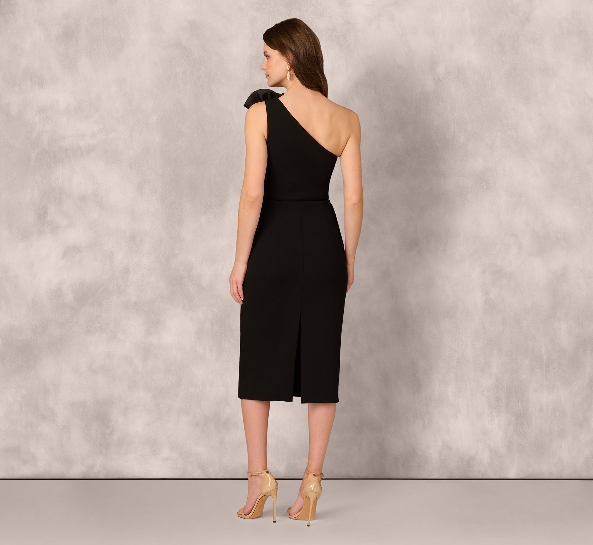 Elegant One Shoulder Rosette Midi Sheath Dress in Black - Perfect for Cocktail Parties, Evening Events & Special Occasions