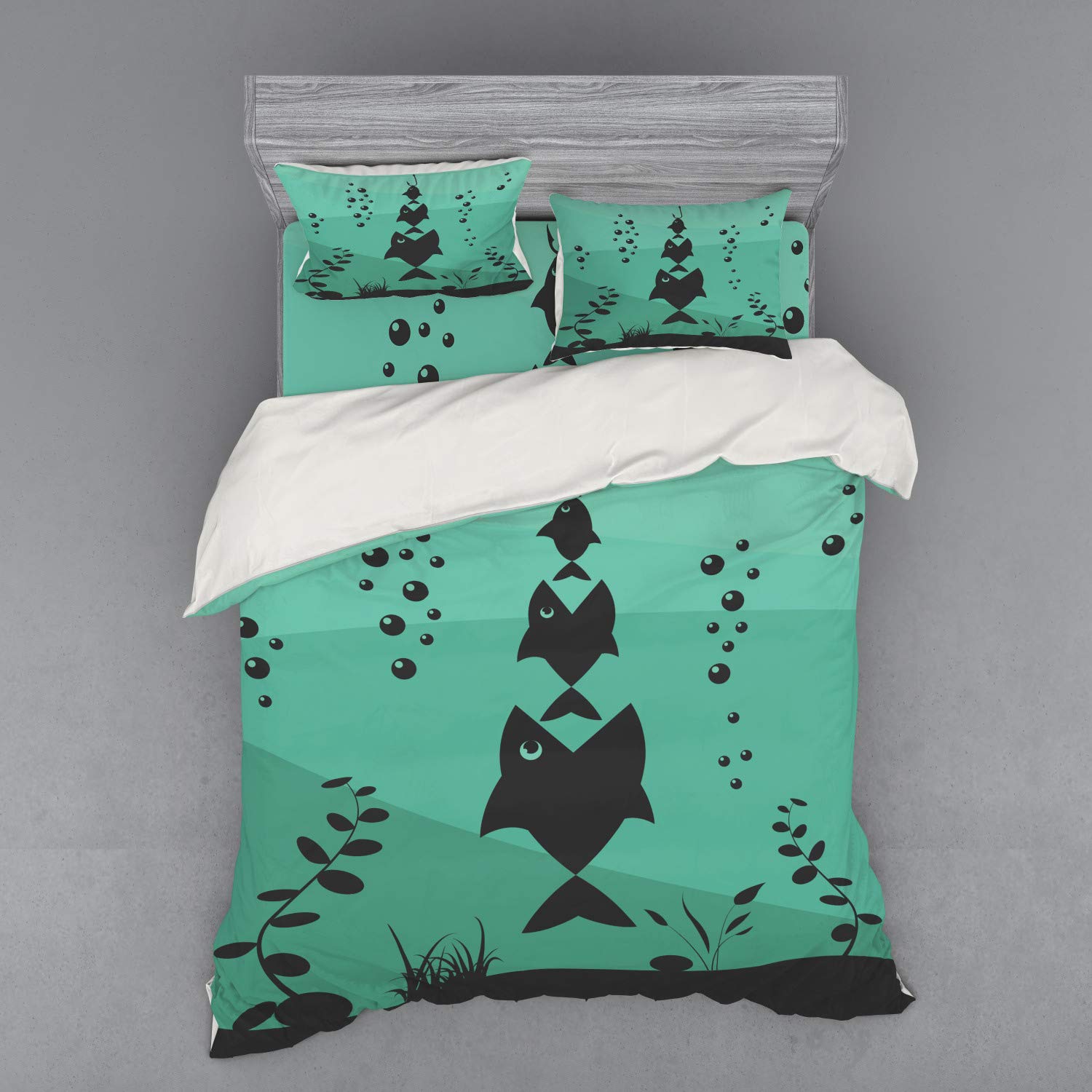 Ambesonne Fishing Duvet Cover Set - Underwater Ocean Theme with Big Fish Design, 4-Piece Queen Size Bedding Set with Shams & Fitted Sheet in Teal Grey | Perfect for Beach House Decor, Nautical Bedroom, and Marine Life Enthusiasts