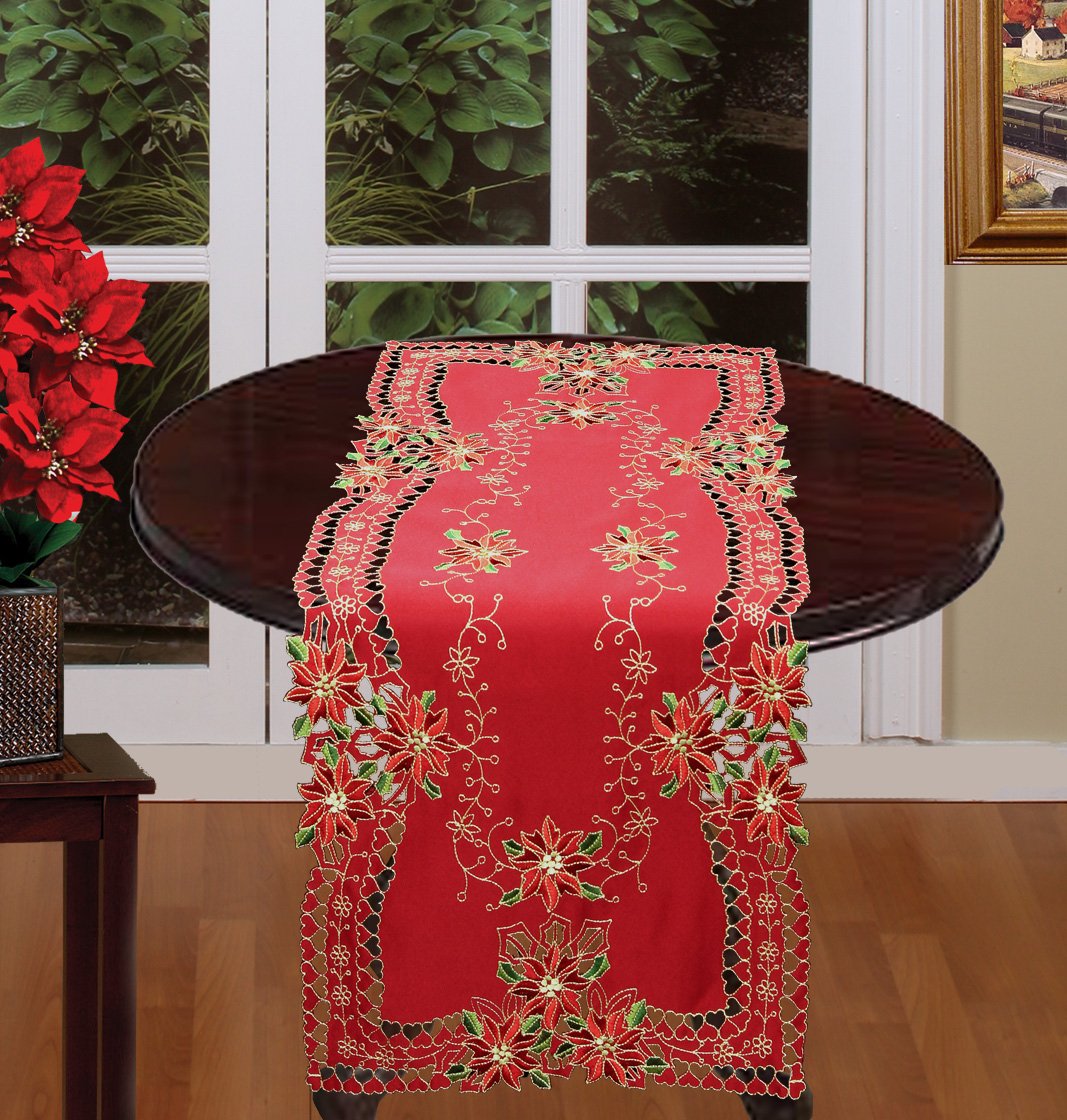 Creative Holiday Christmas Embroidered Poinsettia Table Runner 15x34 Inch - Red & Gold Festive Dining Table Decor for Christmas Dinner, Buffet, and Holiday Party Decorations