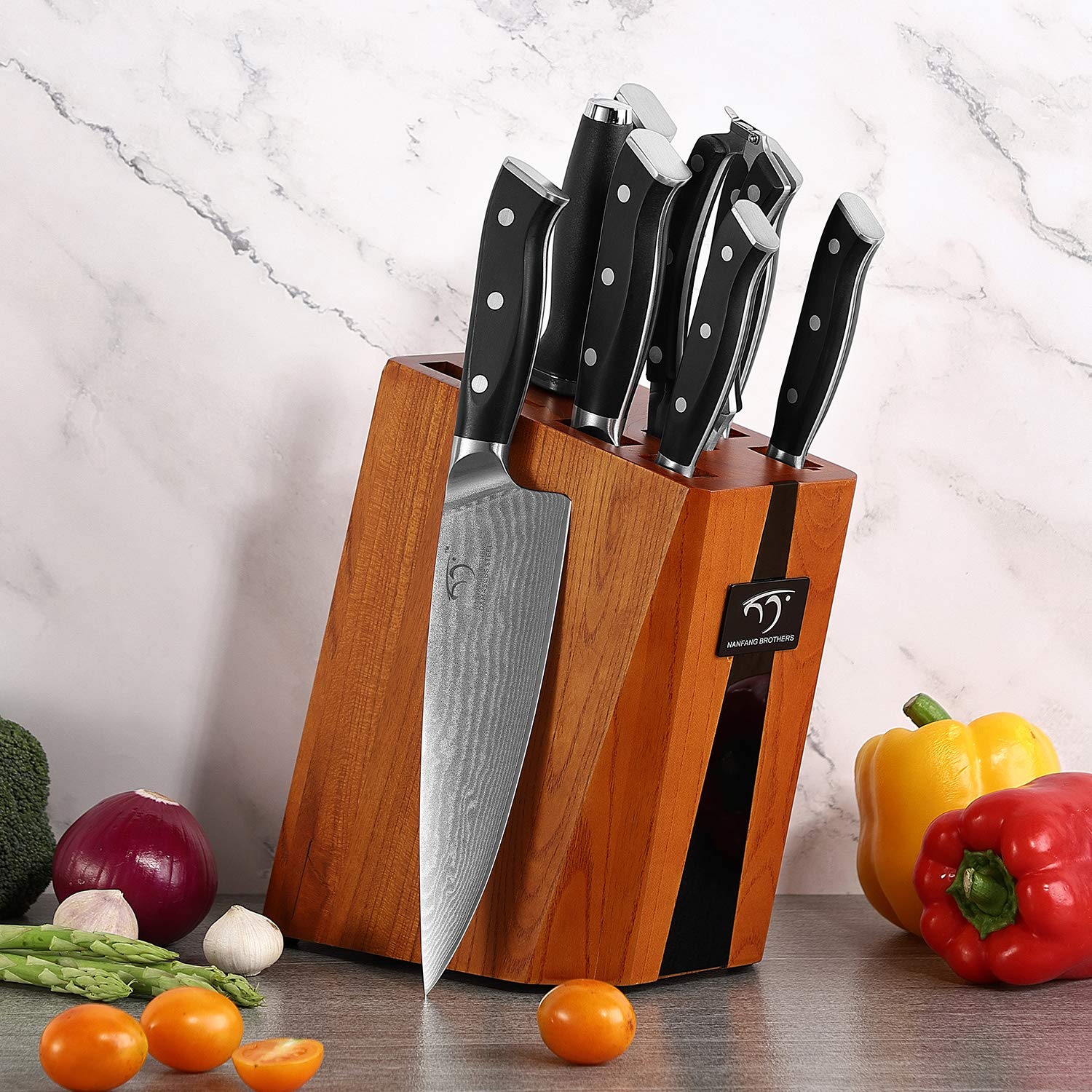 Premium Damascus Steel Kitchen Knife Set - 9-Piece Knife Block Set with Ergonomic Triple Rivet Handle for Chopping, Slicing, Dicing & Cutting - Perfect for Home Chefs & Professional Kitchens