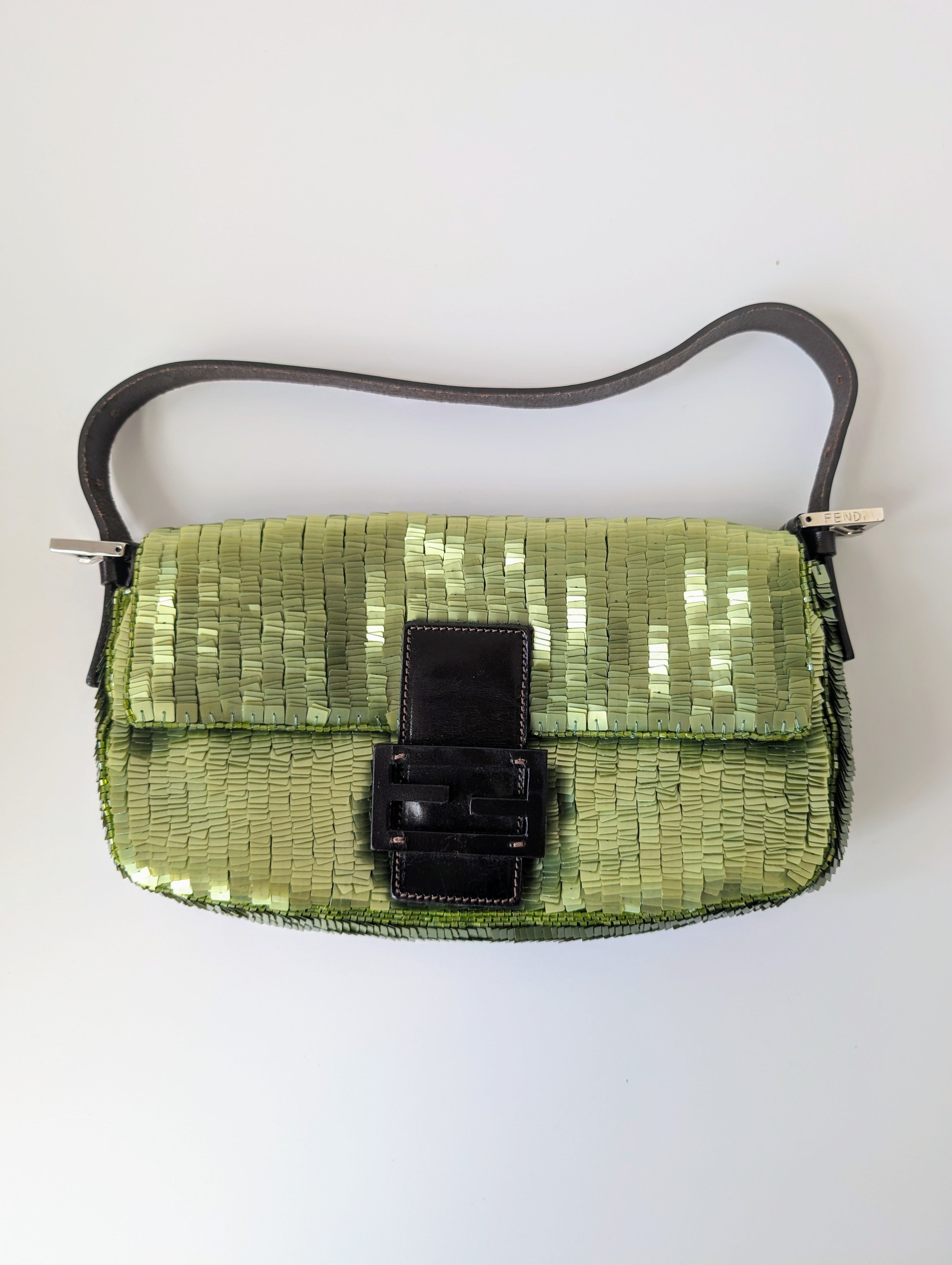 Vintage Fendi Green Sequin Baguette Bag - Pre-Owned Luxury Designer Handbag for Women, Perfect for Evening Parties & Special Occasions