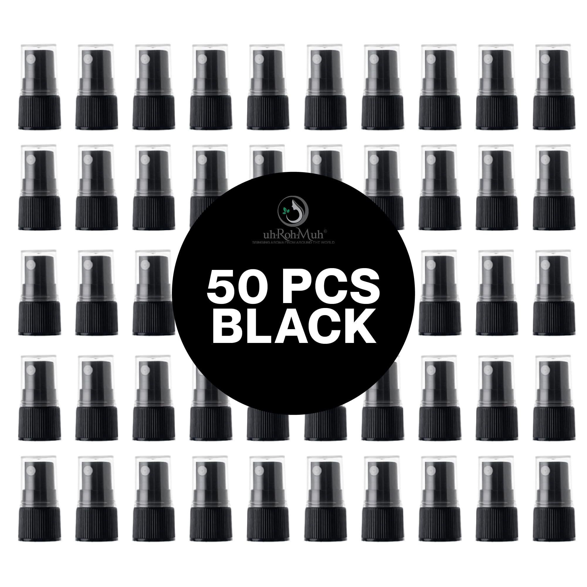 uh*Roh*Muh 20-410 Mist Sprayer (Pack of 50) - Black Ribbed Neck Spray Bottle for Hair Care, Skincare & Cleaning Solutions - Includes Clear Plastic Overcap for Safe Storage - Ideal for Salons, Home Cleaning & Travel Use