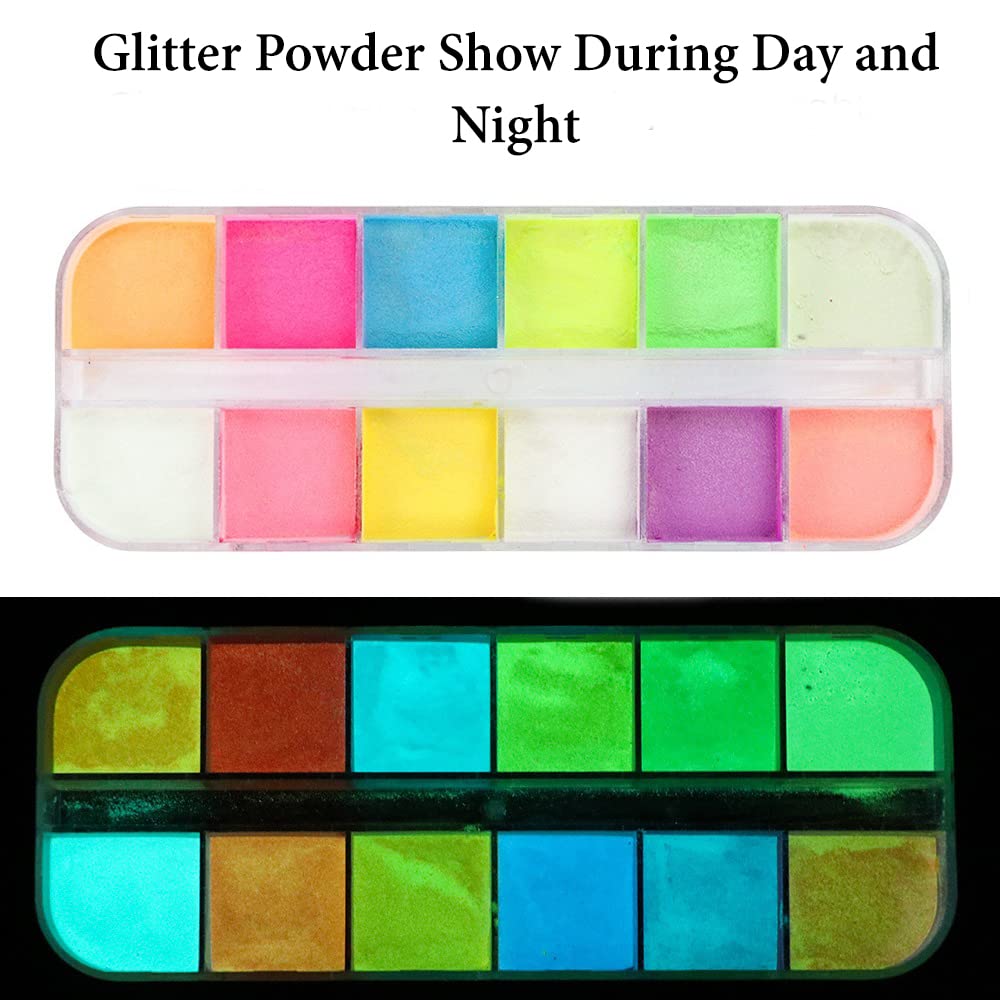 S.A.V.I 12 Grids Nail Glitter Powder Box - Glow in the Dark Nail Art Kit for DIY Manicure, Luminous Nail Decoration for Women & Girls | Perfect for Parties, Halloween, and Nighttime Nail Designs