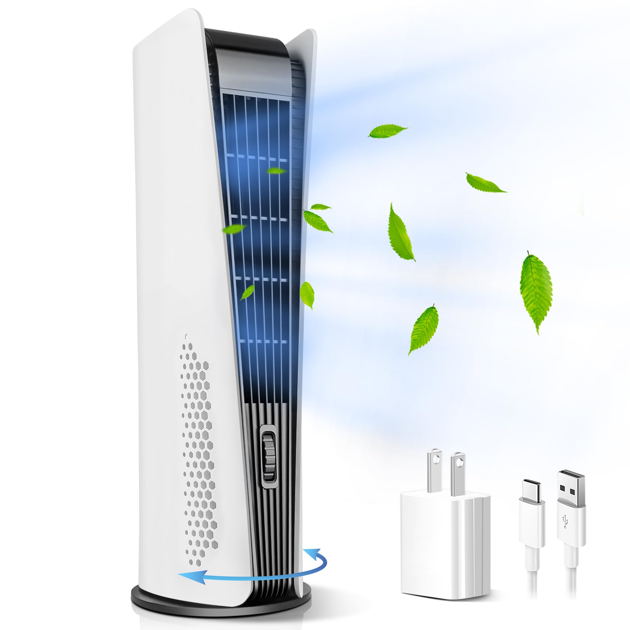 Quiet 90° Oscillating Bladeless Tower Fan with 3 Speeds, Timer & LED Display - Rechargeable Portable Floor Fan for Bedroom, Home Office | Cooling Breeze for Night Sleep & Workspace Comfort