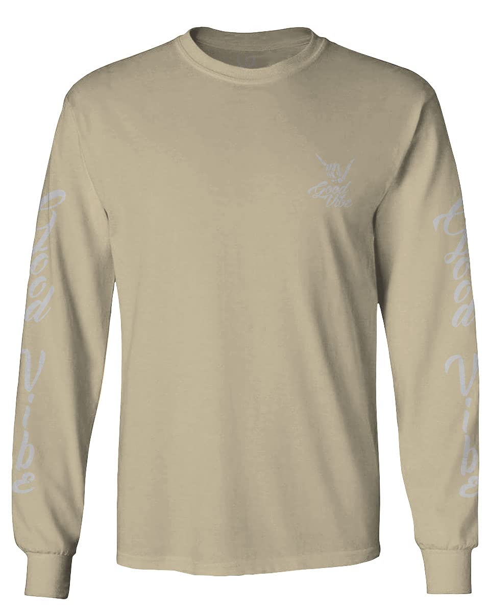 Cool Vintage Hipster Graphic Long Sleeve T-Shirt for Men - Fonts Good Vibe Bones Hand Shaka Design | Perfect for Casual Wear, Street Style & Music Festivals