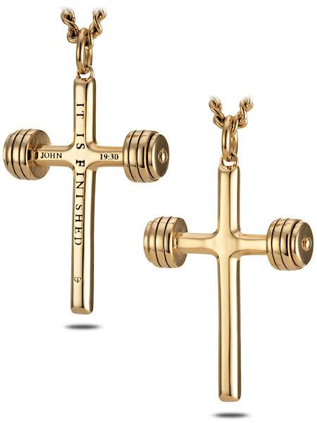 Shields of Strength 14K Gold Plated Stainless Steel Dumbbell Cross Pendant Necklace for Men - John 19:30 Bible Verse Engraved - Christian Religious Jewelry Gift for Fitness Enthusiasts & Gym Lovers