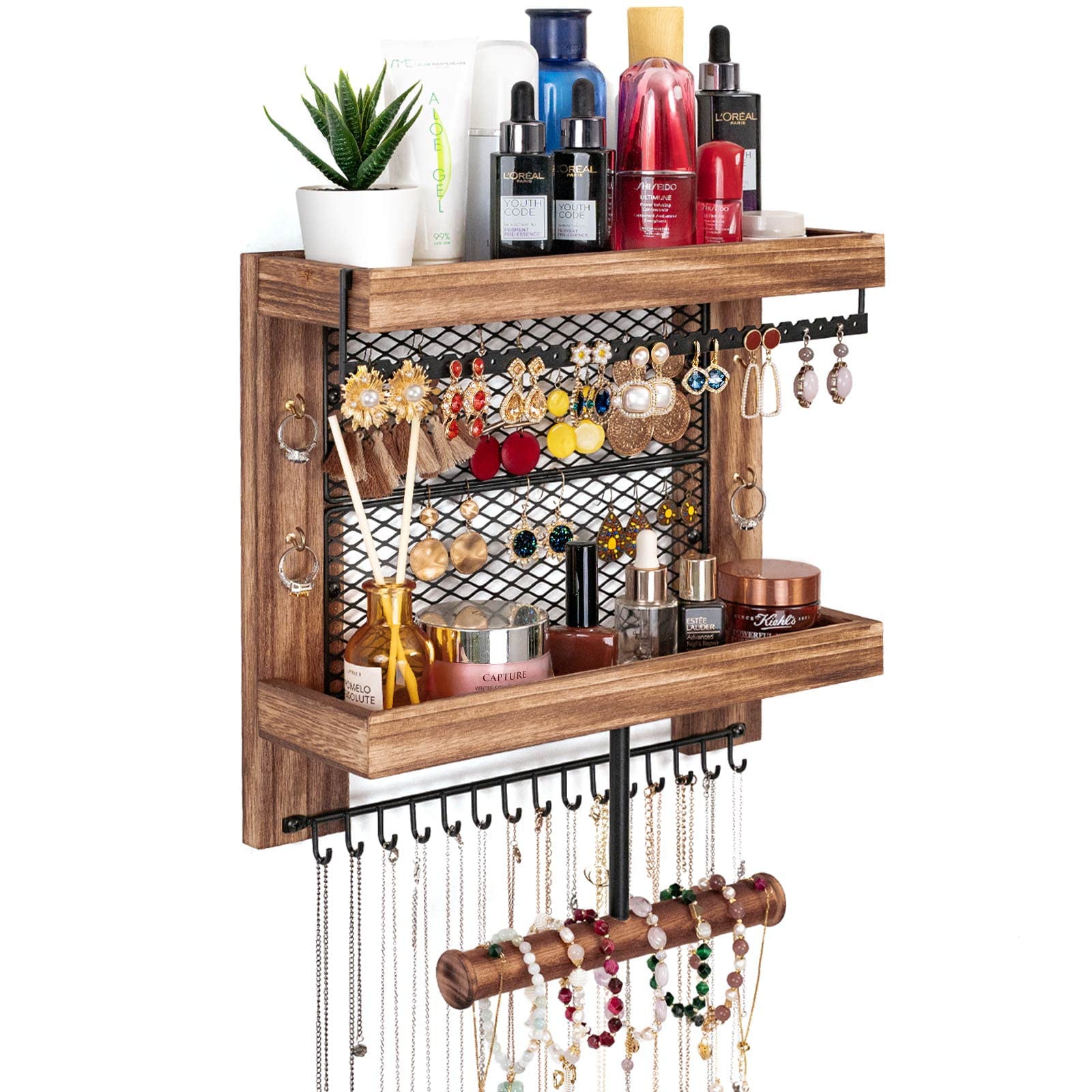 Pinzoveco Rustic Wood Hanging Jewelry Organizer Wall Mounted - Necklace Bracelet Earring Ring Holder for Bedroom, Closet & Bathroom Organization