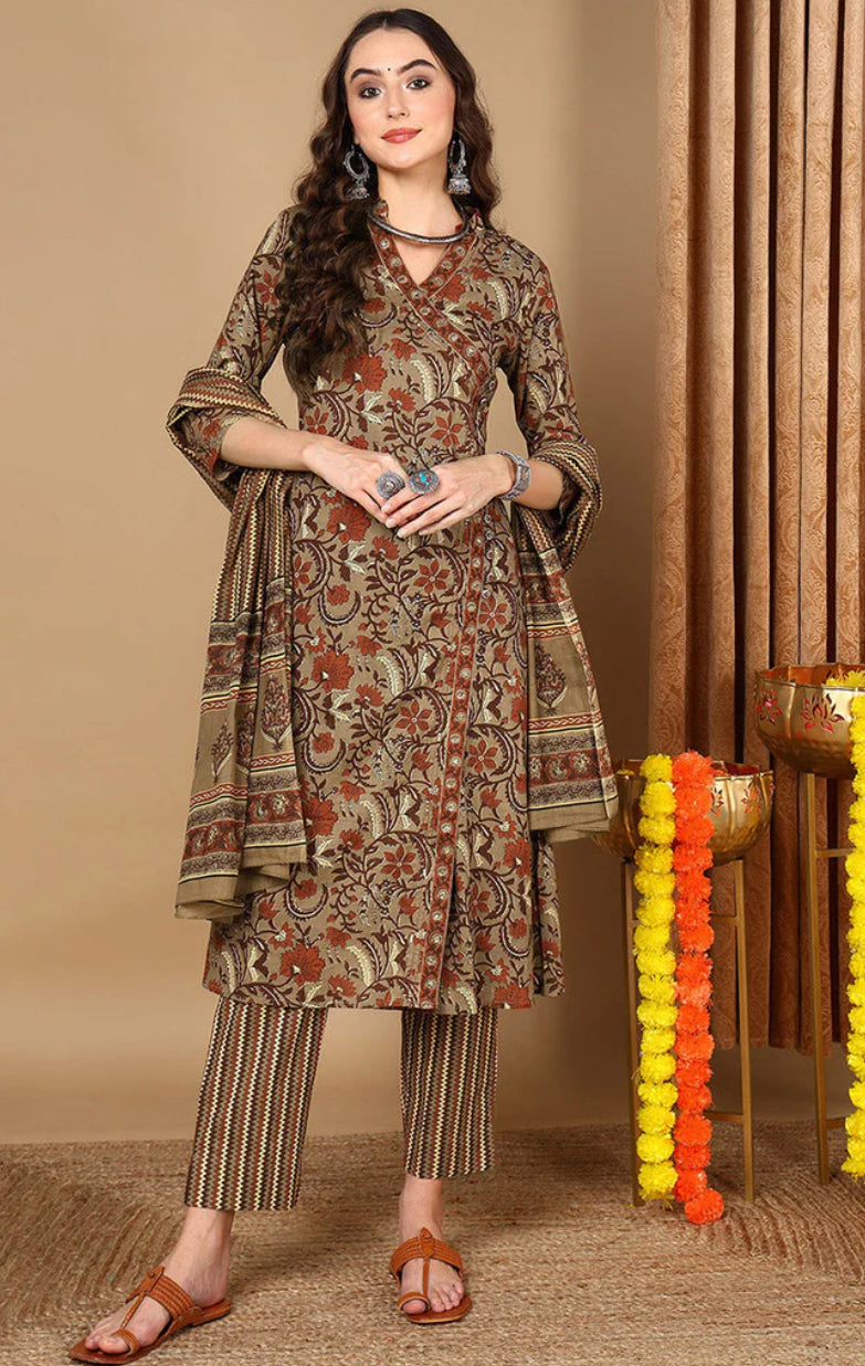 Taupe Pure Cotton Floral Printed Angharkha Suit Set for Women | Traditional Indian Ethnic Wear | Perfect for Festivals, Weddings & Special Occasions