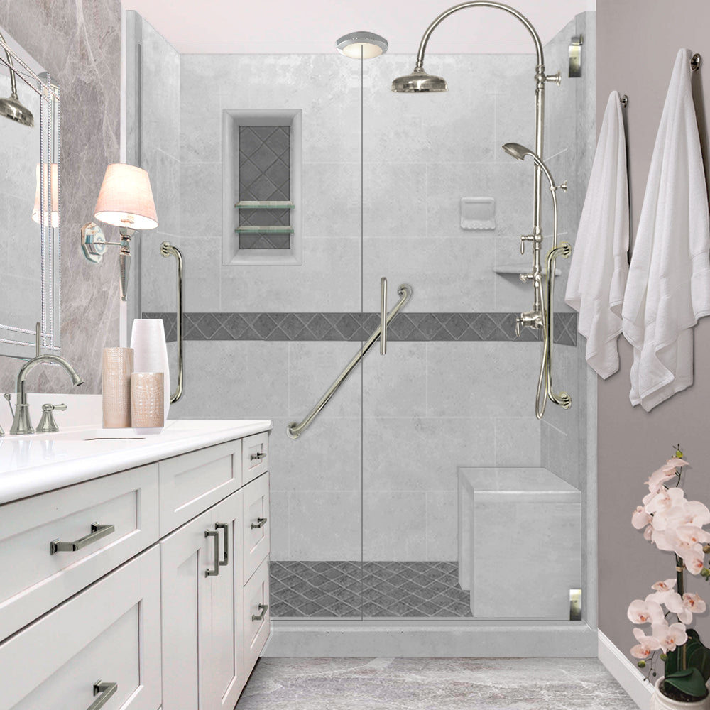 Freedom 60 Alcove DIY Shower Remodel Kit - Portland Cement Sistine Stone & Diamond Stone Accent Wall Panels for Bathroom Renovation | Waterproof & Easy Installation for Modern Home Upgrade