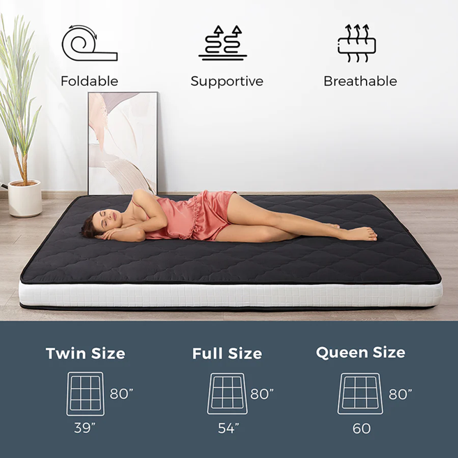 MAXYOYO Padded Japanese Floor Mattress - Black Foldable Roll Up Futon for Bedroom, Guest Room & Travel | Comfortable Floor Sleeping Mat for Adults & Kids
