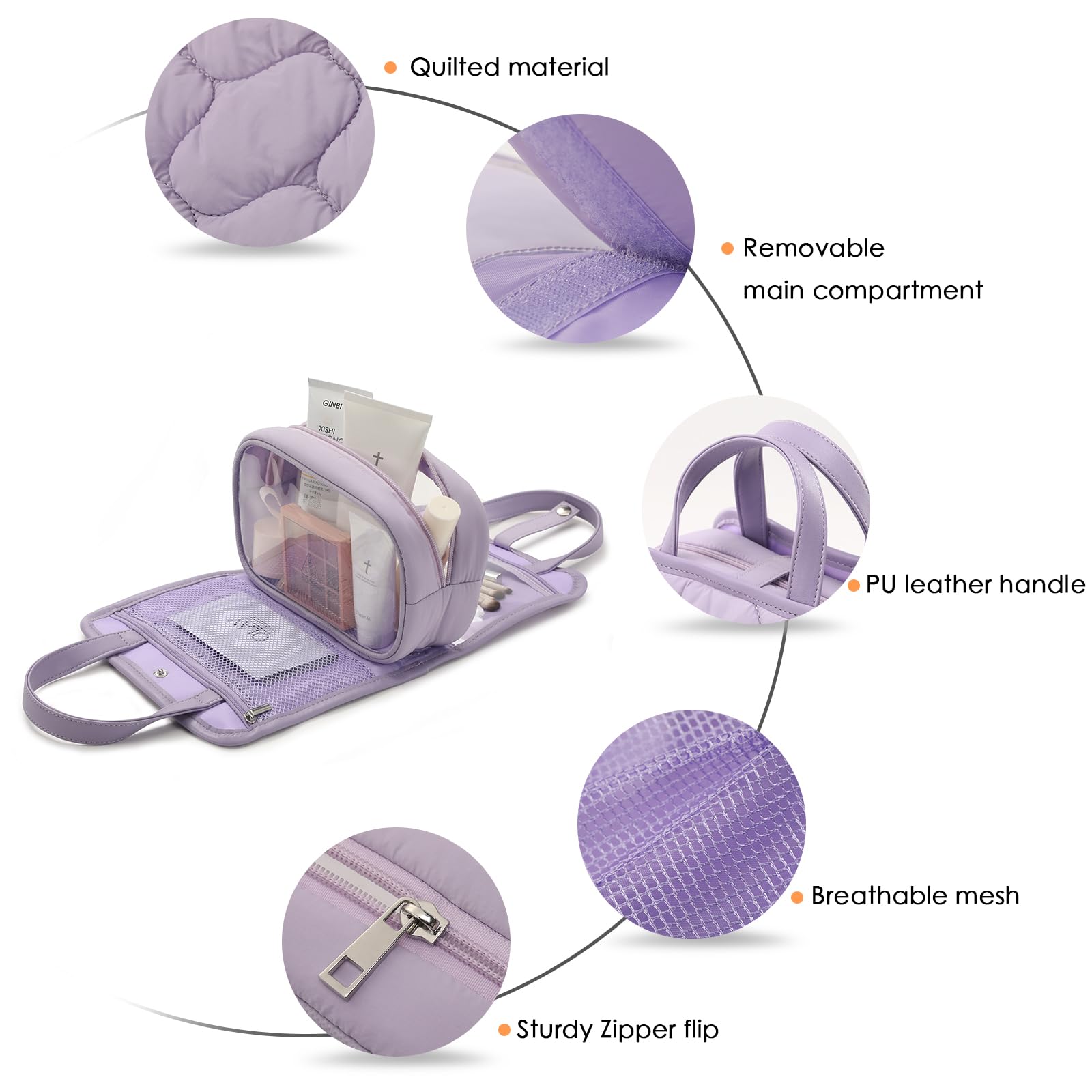Travel Makeup Bag for Women & Girls - Removable Cosmetic Organizer with Brush Compartment | Portable Puffy Toiletry Case with Clear Windows & Handle (Lavender) | Perfect for Air Travel, Gym, Beach & Daily Use