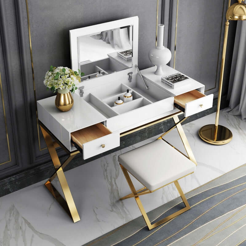 Modern 2-Drawer Wooden Makeup Vanity Set with Mirror & Stool - Gold X Base Stainless Steel for Bedroom, Dressing Room & Beauty Salon | Elegant Vanity Table with Storage