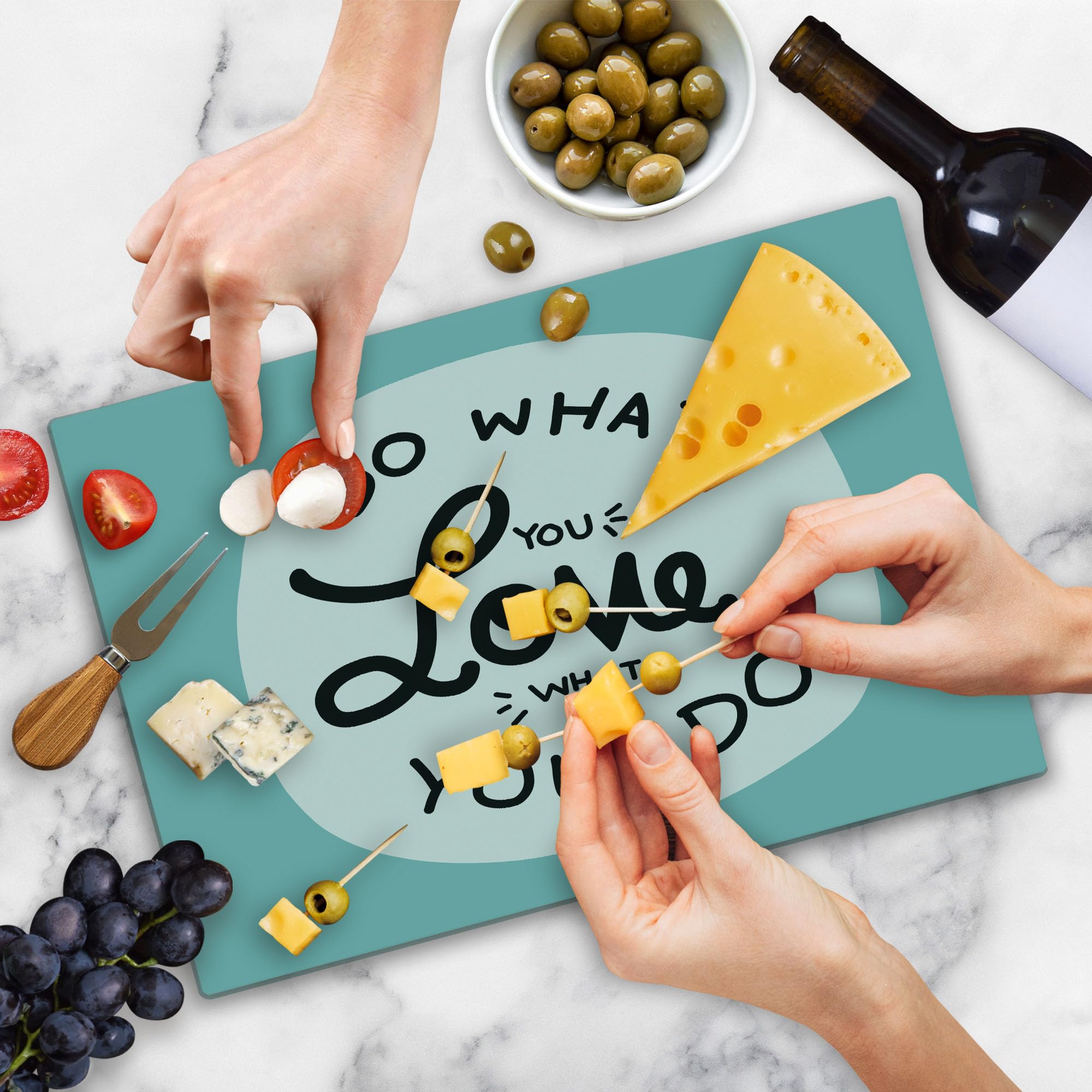 Ambesonne Motivational Cutting Board - 'Do What You Love' Inspirational Kitchen Decor, Tempered Glass Serving Board for Cheese & Charcuterie (Large, Turquoise/Black/White) - Perfect for Home Cooking, Entertaining & Housewarming Gifts